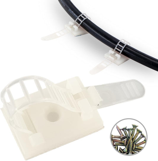 Wire Management Clips Clear (Yellowish) with Screw Hole (50 Pack) Adjustable Zip Ties 3 Inch with 3M Adhesive Tape,Adhesive Clips for Christmas Lights,Desk,Wall to Hold Extension Cord