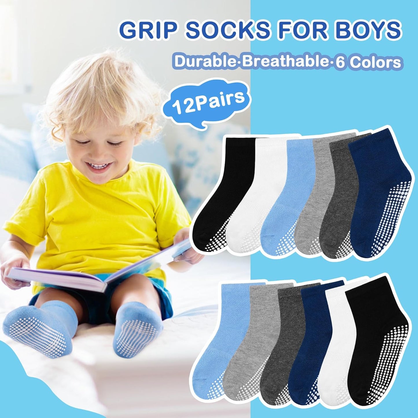 Kids Non Slip Toddler Boy Grip Socks 12 Pairs Anti Skid Sticky Socks for 1-10 Years Baby Children Girls