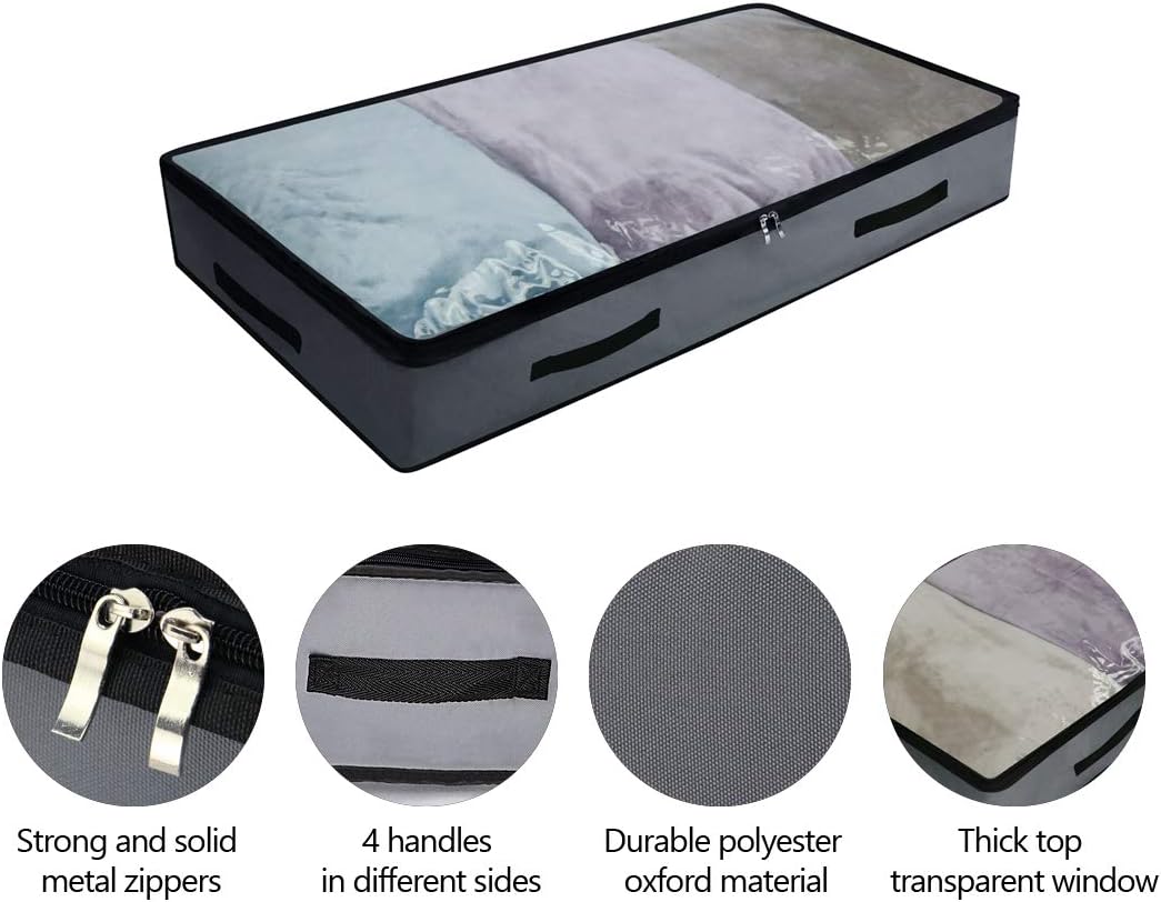 2 Pack Soft Underbed Storage Containers with 4 Handles & Transparent Lid for Easy find,Durable Material, Foldable, Dark Gray