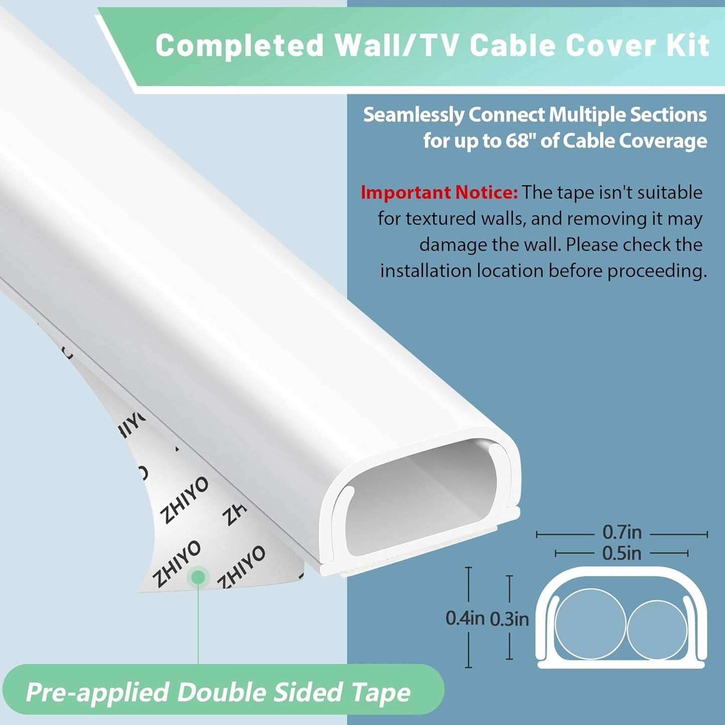 Wire Covers for 2 Cords, Wire Hider On Wall Mounted, White Cord Cover Kit, Cable Cover Paintable, Cable Concealer for Extension Cord, Ethernet Cable, Speaker Wires Hider, W0.7in H0.4in