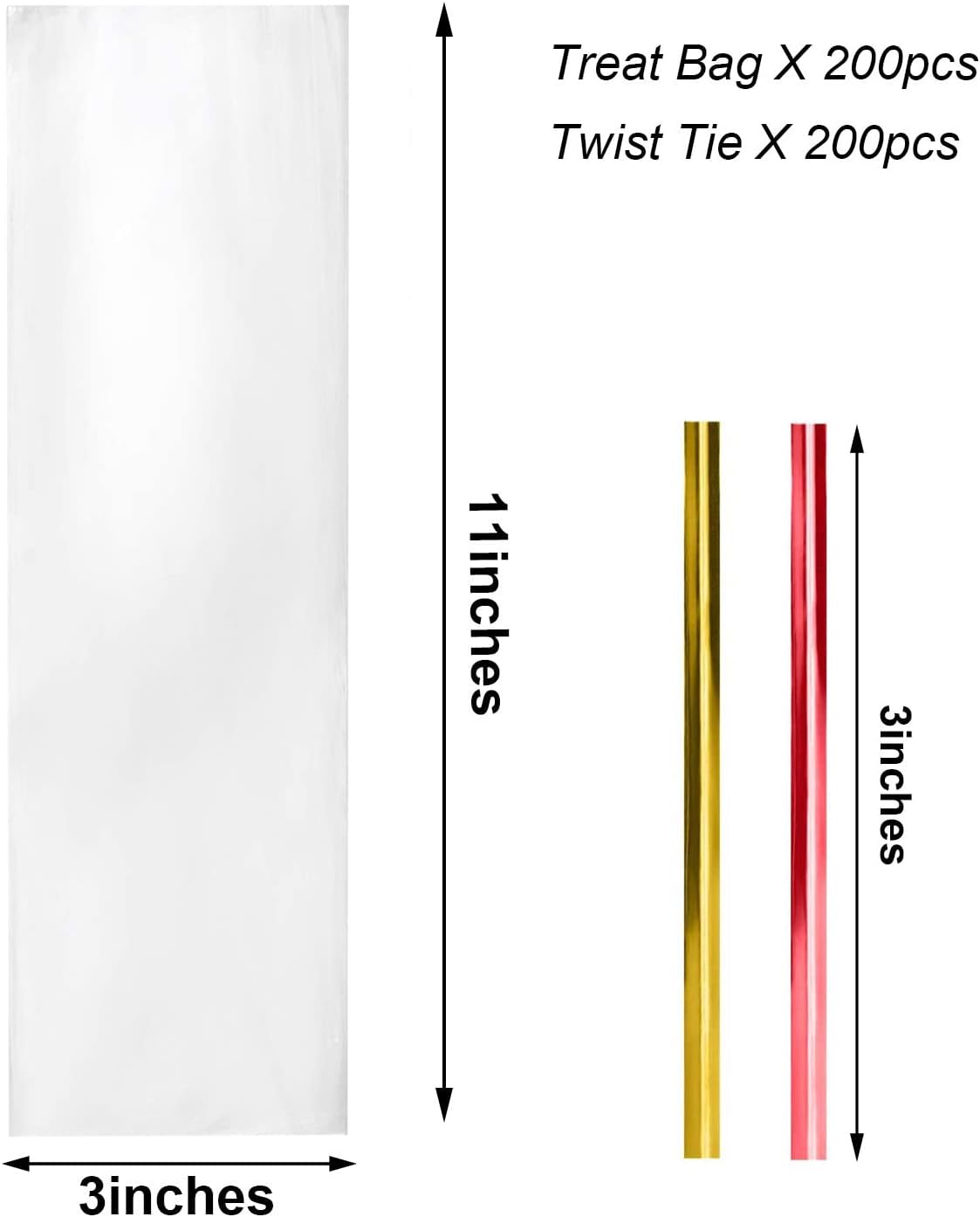 Cellophane Treat Bags,200 Pcs 3x11 Inches Clear Pretzel Bags,Cello Bags with Twist Ties for Packaging Candies,Cookies