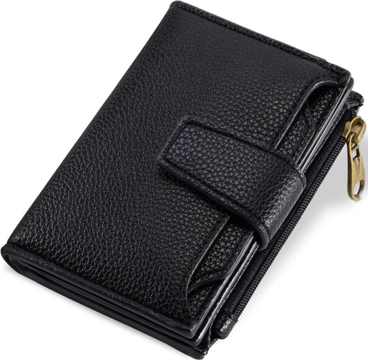 Small Wallet Women RFID Blocking Genuine Leather Bifold Compact Card Holder for Women with Zipper Coin Pocket 4 ID Windows