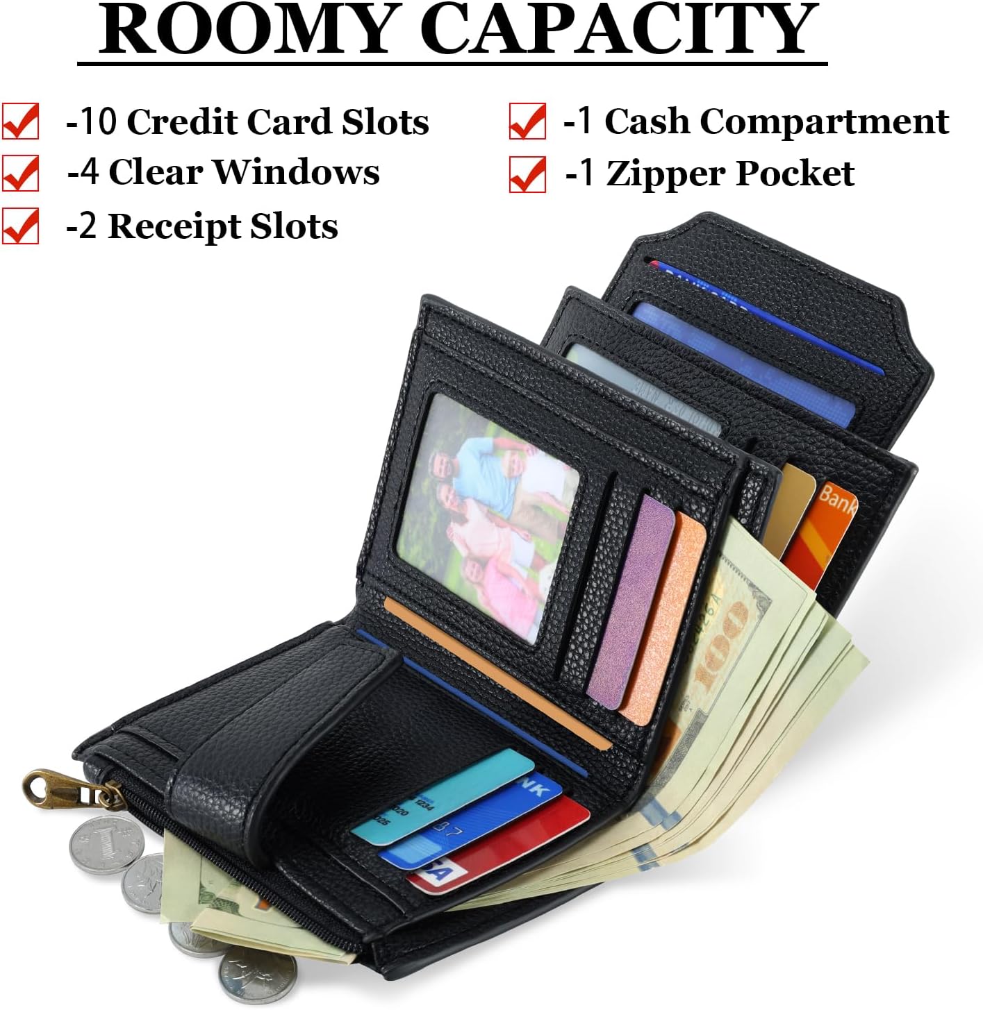 Small Wallet Women RFID Blocking Genuine Leather Bifold Compact Card Holder for Women with Zipper Coin Pocket 4 ID Windows