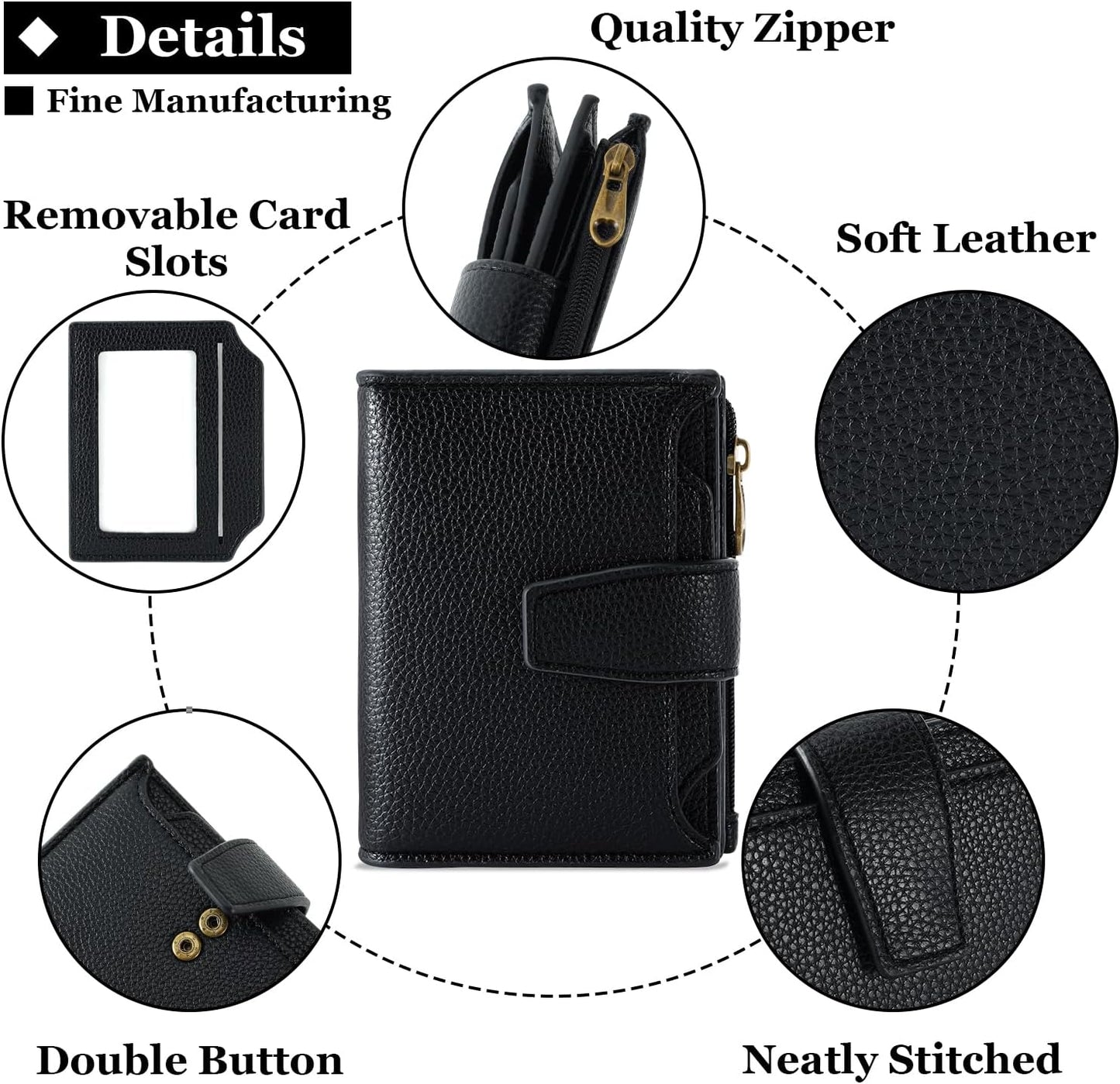 Small Wallet Women RFID Blocking Genuine Leather Bifold Compact Card Holder for Women with Zipper Coin Pocket 4 ID Windows