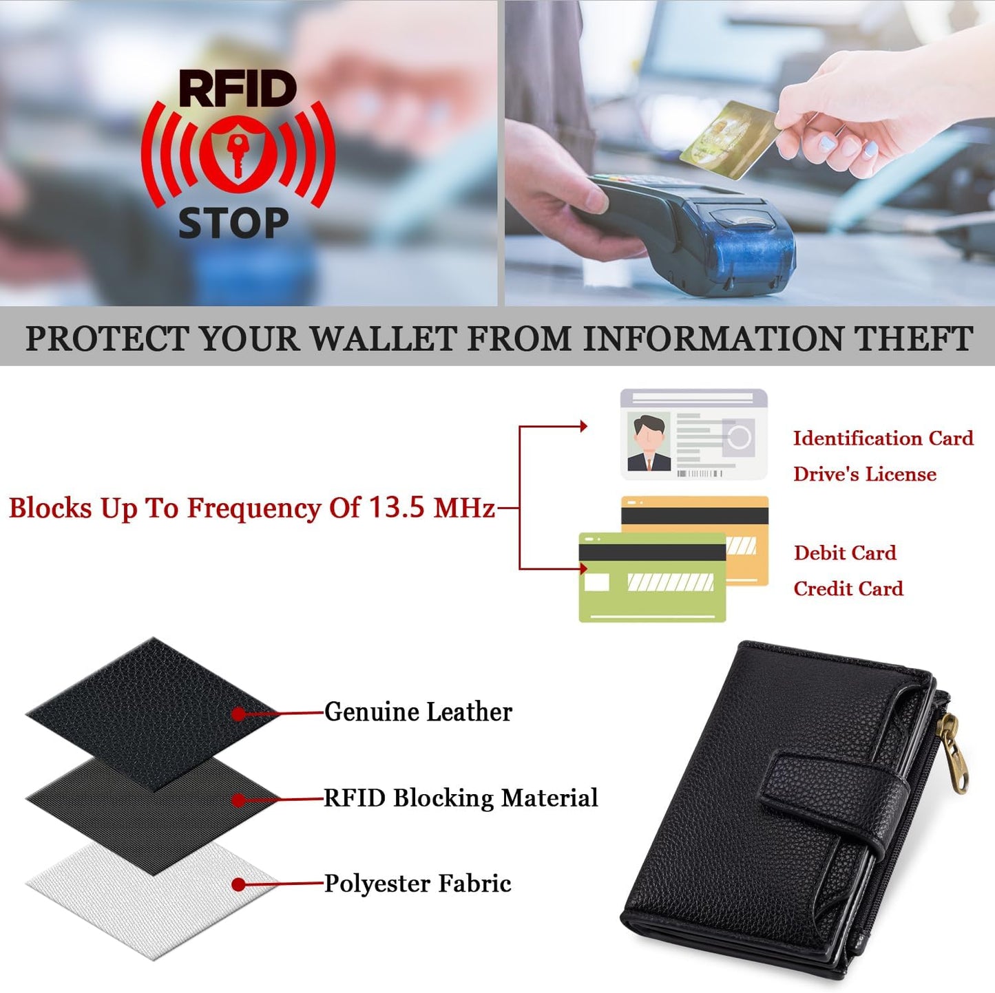Small Wallet Women RFID Blocking Genuine Leather Bifold Compact Card Holder for Women with Zipper Coin Pocket 4 ID Windows