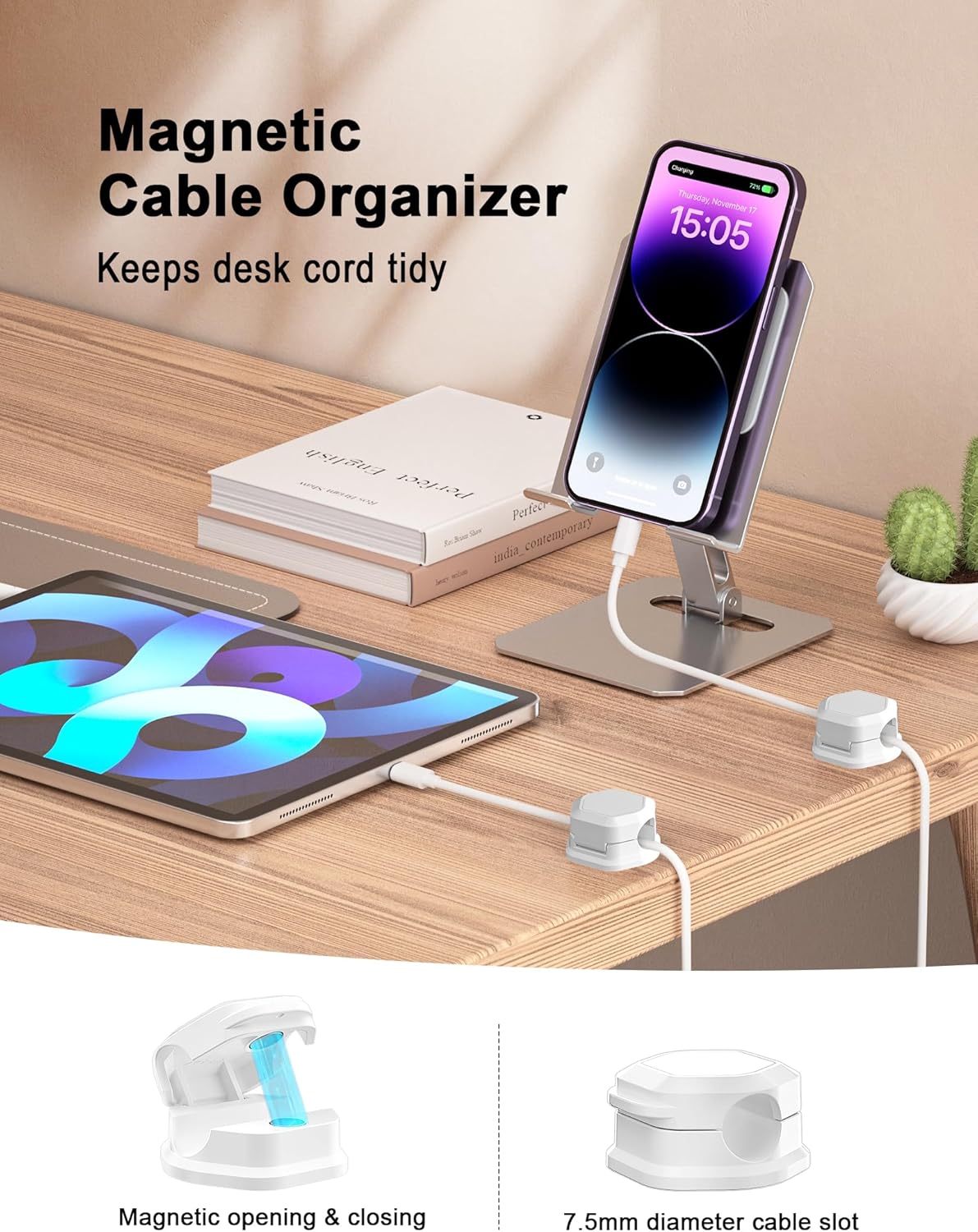 8 Pack Cord Holder - Cord Organizer - Magnetic Cable Clips - Cord Organizer for Desk, Nightstand, Phone Charger, Computer, Home, Office, Car (White)