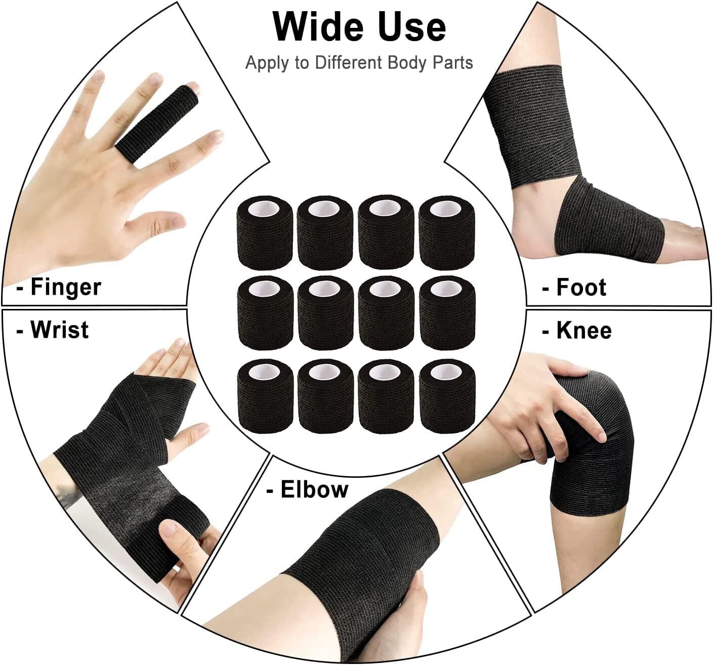 Self Adhesive Bandage Wrap,12 Pack 2 Inch x 5 Yards Elastic Vet Wrap for Sports Supply Ankle Sprains Protection,Breathable Cohesive Bandage Tape (Black)
