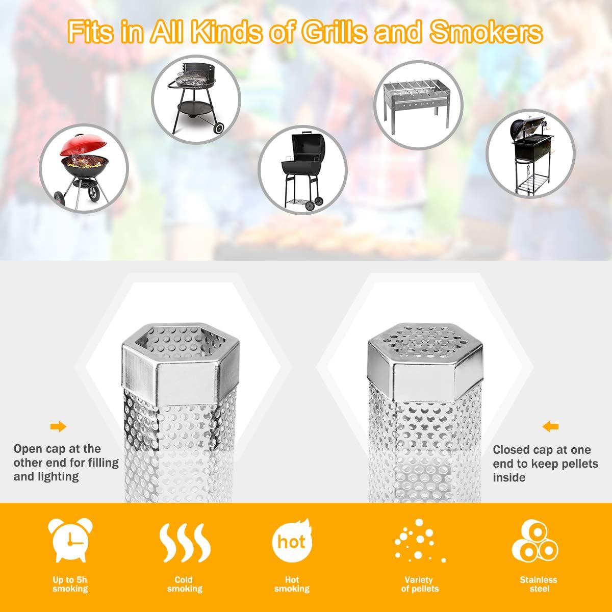 Pellet Smoker Tube, 2 Pack 12'' Stainless Steel BBQ Wood Pellet Tube Smoker, for Cold/Hot Smoking