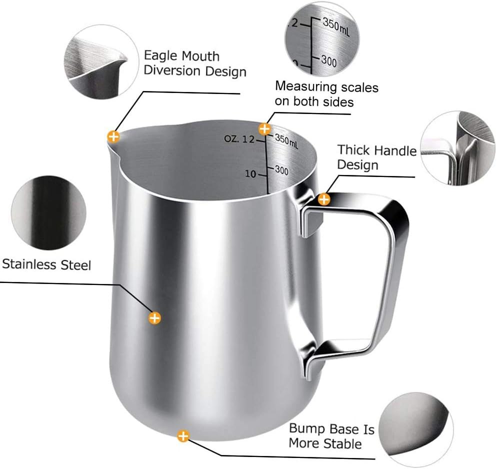 Milk Frothing Pitcher, 12oz Milk Frother Cup Espresso Cup Stainless Steel