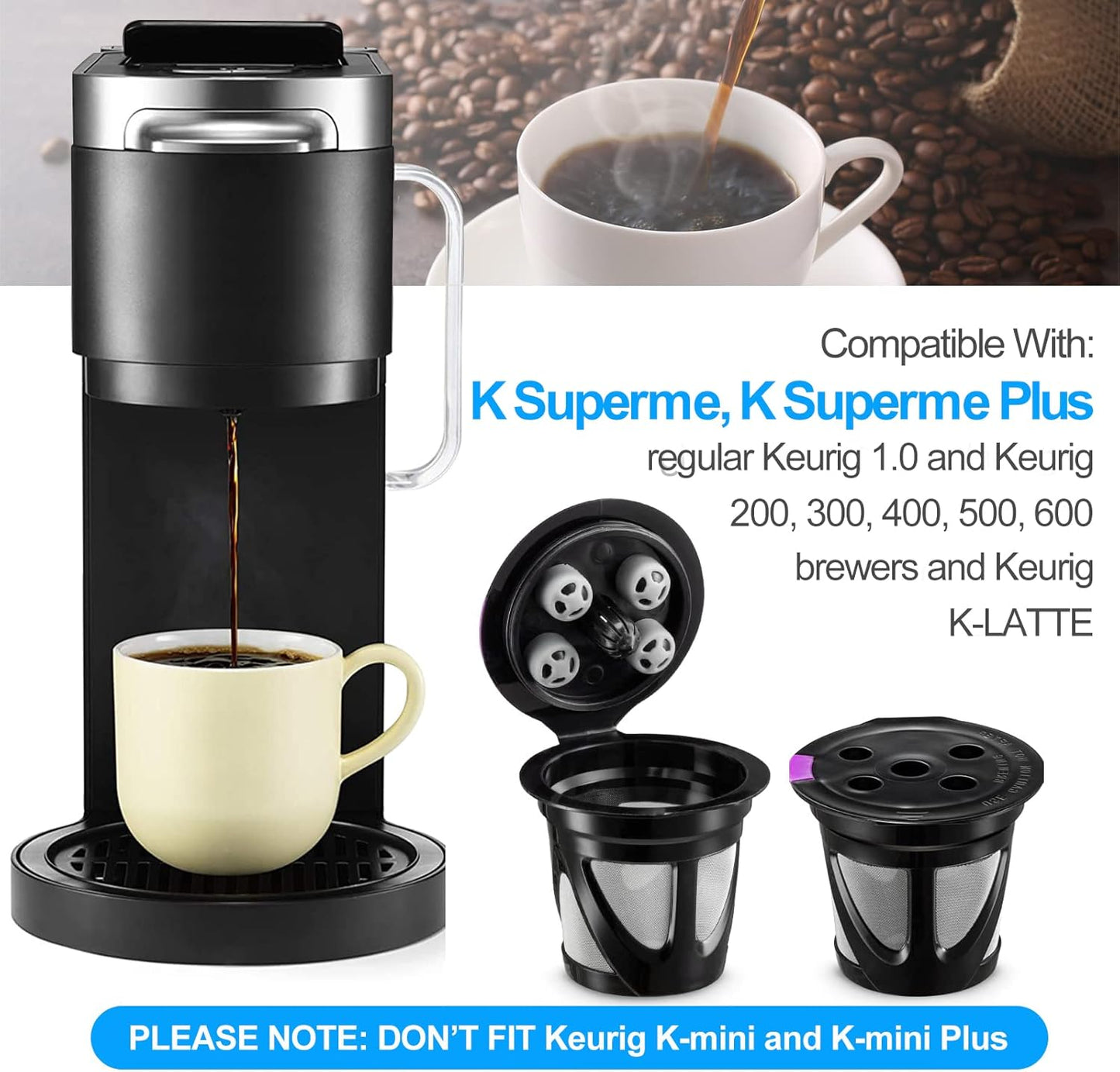 Reusable K Cups Compatible for Keurig Supreme and K-Supreme Plus, Refillable Kcup for Keurig Supreme Coffee Maker - MultiStream Coffee Pods Filter (4 Pack)