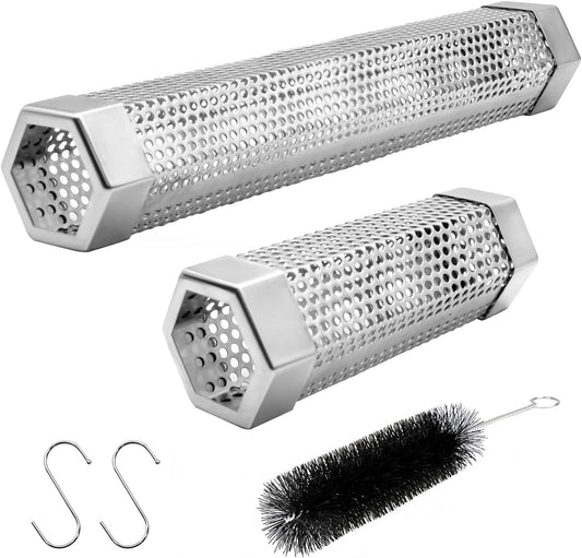 Pellet Smoker Tube Set, 6" & 12" Stainless Steel BBQ Wood Smoker Tube with Brush and 2 Hooks for 2.5hrs/5hrs of Billowing Cold/Hot Smoking for All Grills or Smokers, Smoking Cheese Beef Nuts Fish