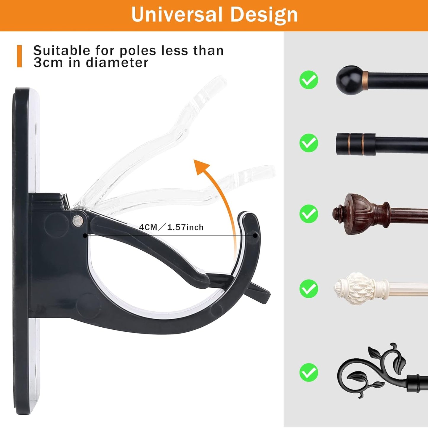 4Pcs Self-Adhesive Curtain Rod Clips, Universal Plastic Curtain Rod Clips, No Drilling,for C urtain Rods up to 40mm (Black) (Curtain Rod Not Included)