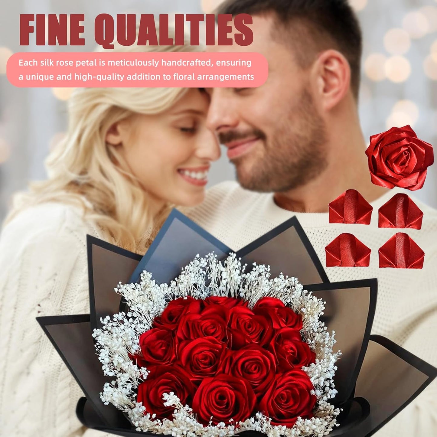 300Pcs Premade Satin Ribbon Rose Petals Half-Finished for Eternal Rose DIY Ramos Forever Flowers Bouquets Everlasting Floral,for Wedding,Anniversary,Birthday (300 Pcs Red)