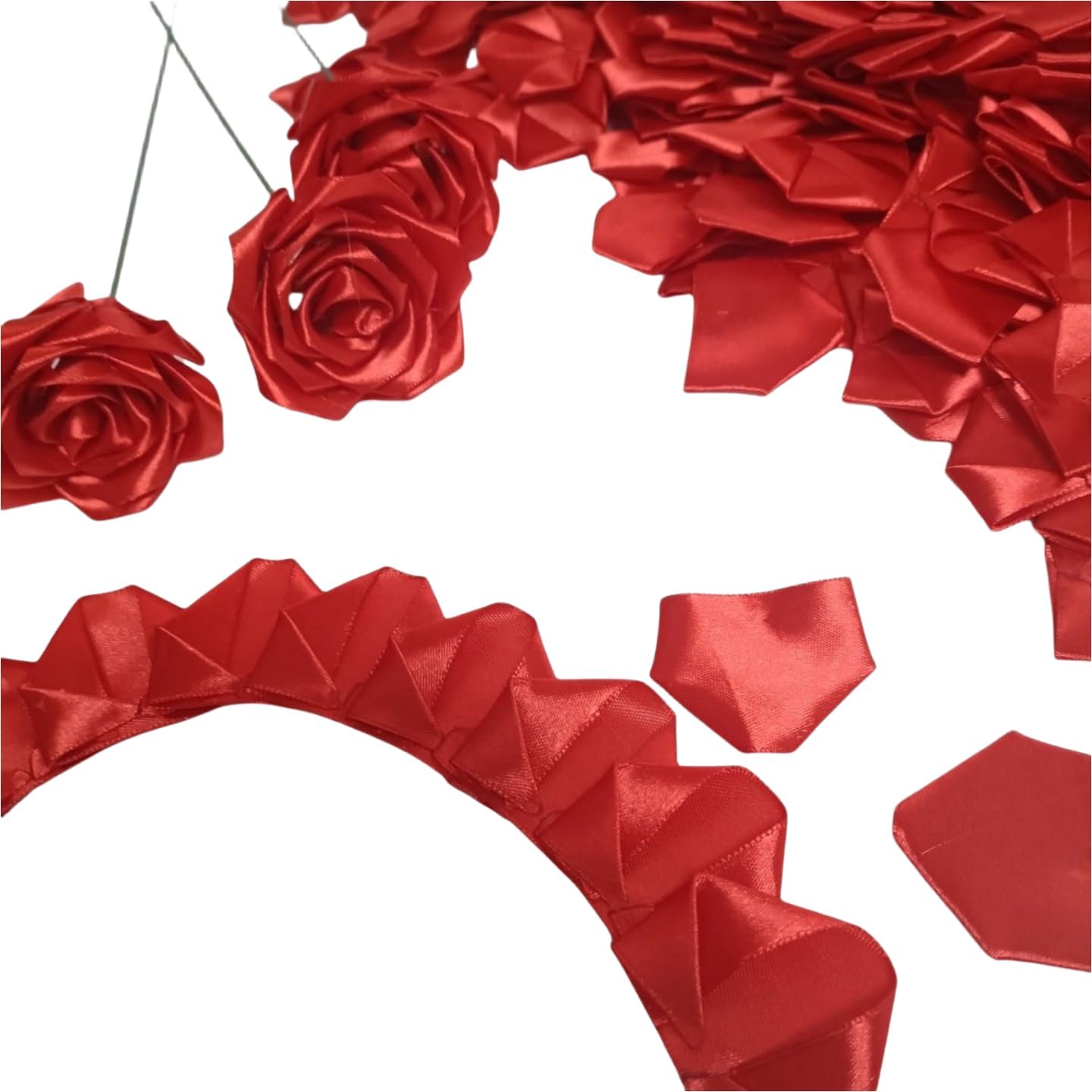 300Pcs Premade Satin Ribbon Rose Petals Half-Finished for Eternal Rose DIY Ramos Forever Flowers Bouquets Everlasting Floral,for Wedding,Anniversary,Birthday (300 Pcs Red)