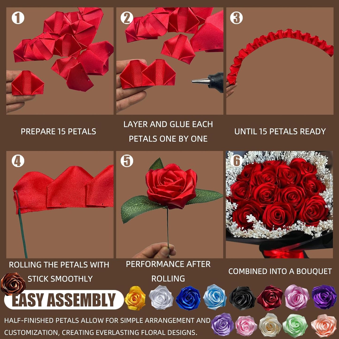 300Pcs Premade Satin Ribbon Rose Petals Half-Finished for Eternal Rose DIY Ramos Forever Flowers Bouquets Everlasting Floral,for Wedding,Anniversary,Birthday (300 Pcs Red)