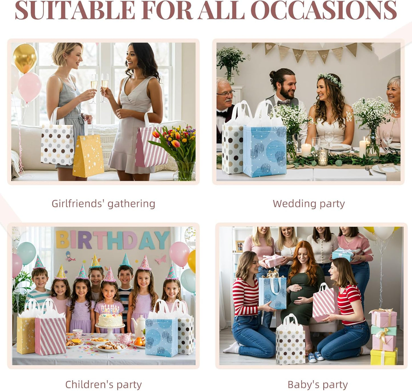 10" Gift Bags Medium Size (4 Pack) - Includes Tissue Paper & Cards, Reusable Non-Woven Gift Bags with handles, Perfect for Birthday, Wedding, Baby Shower, Party, Holiday, 10" x 8" x 4"