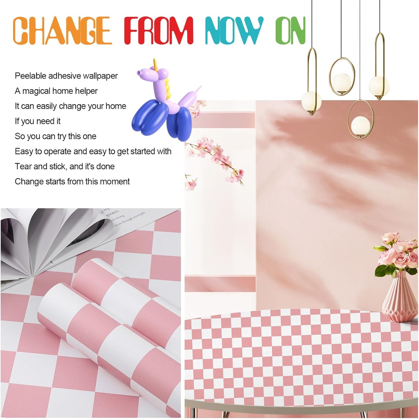 Checkered Wallpaper Peel and Stick Pink Mosaic Checkerboard Contact Paper 17.3”X120”Modern Self Adhesive Vinyl Removable Wall Paper for Shelf Liner,Classroom,Cabinets,Living Room