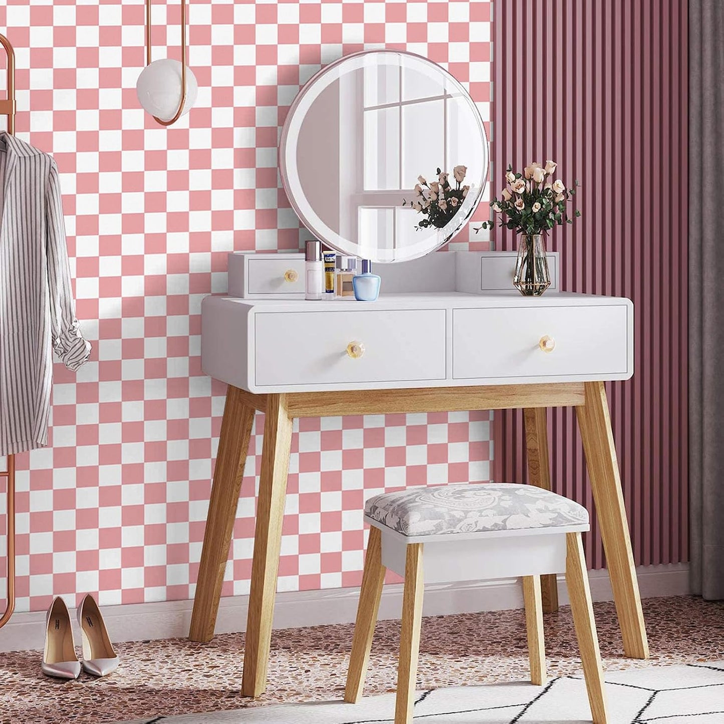 Checkered Wallpaper Peel and Stick Pink Mosaic Checkerboard Contact Paper 17.3”X120”Modern Self Adhesive Vinyl Removable Wall Paper for Shelf Liner,Classroom,Cabinets,Living Room