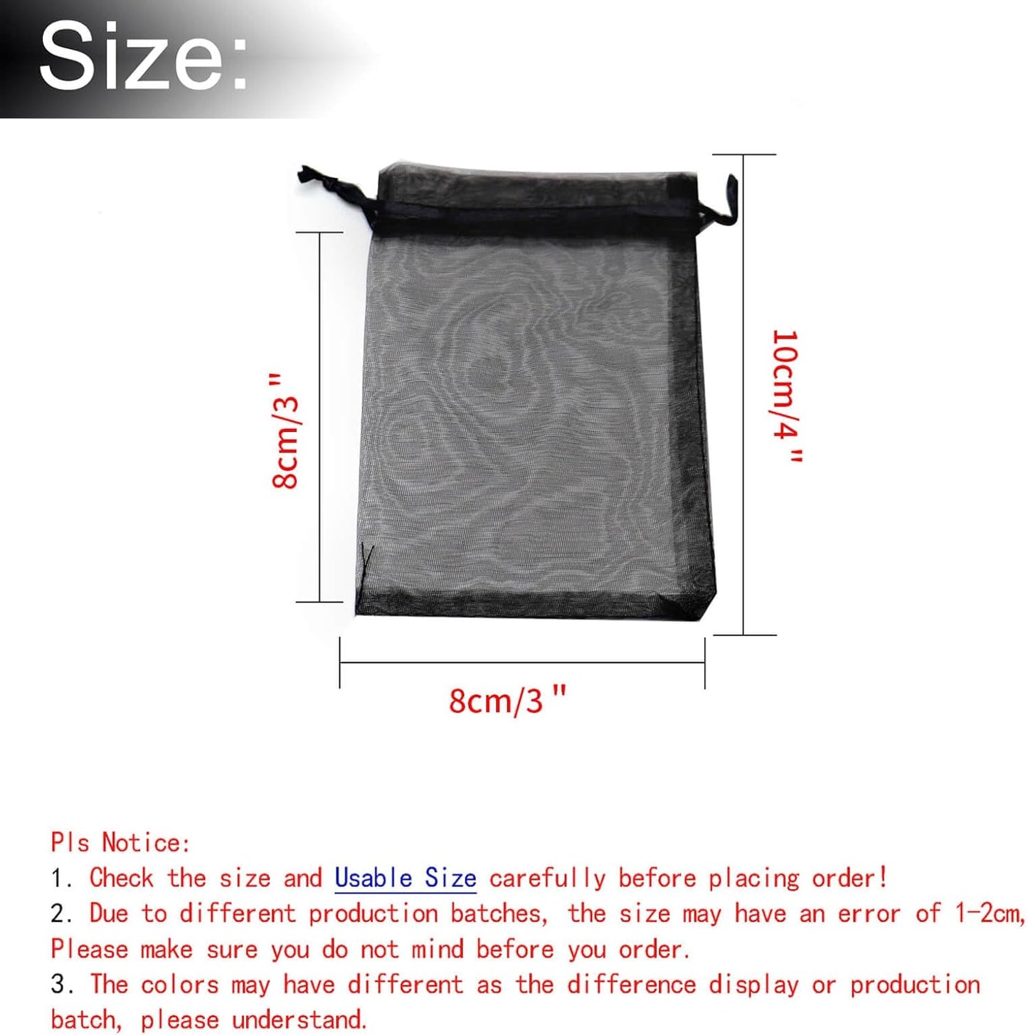 100Pcs Black Organza Bags 3x4 Inch, Small Mesh Jewelry Bags Drawstring Gift Bag Wedding Party Favor Halloween Candy Treat Pouches