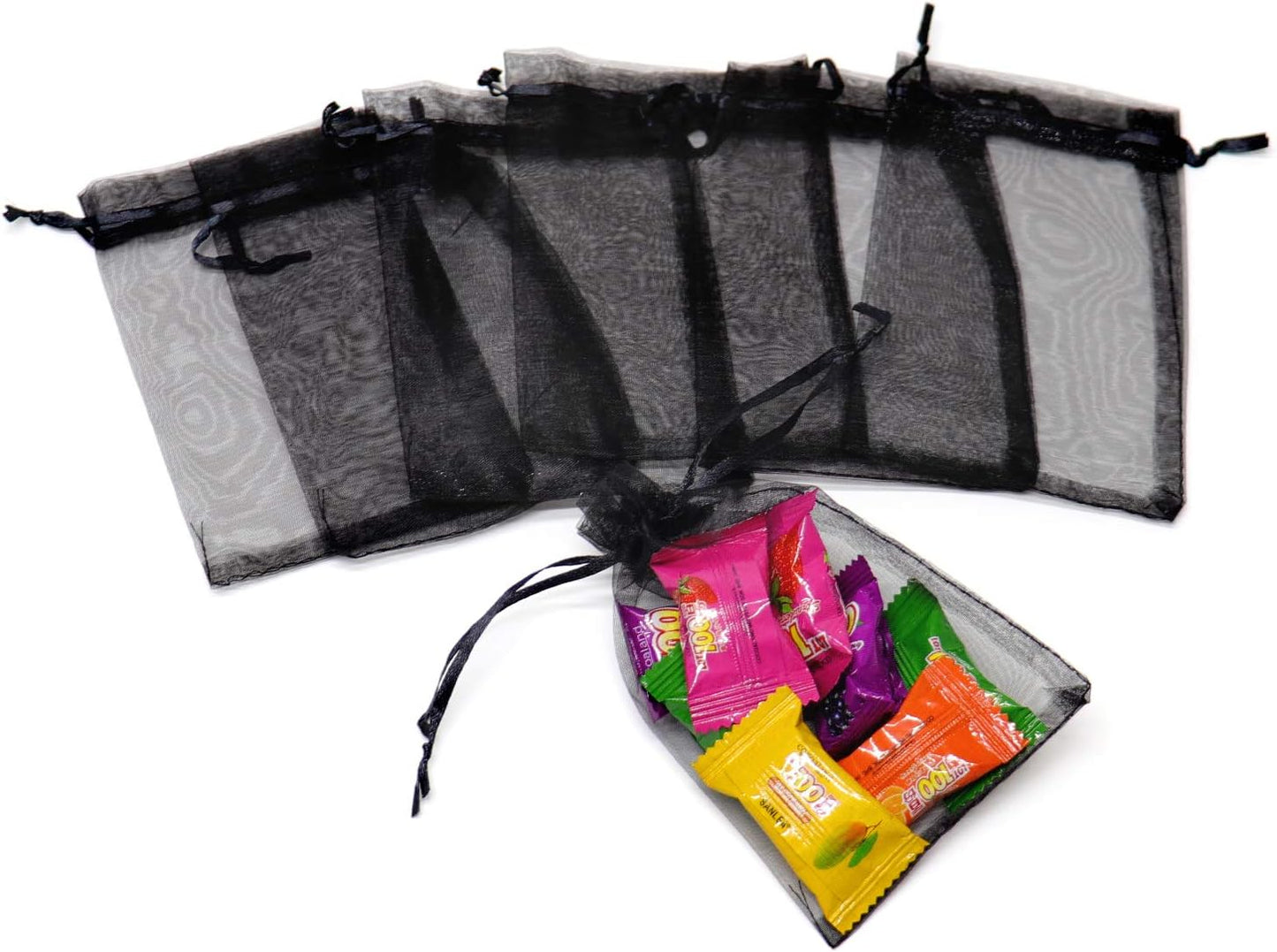 100Pcs Black Organza Bags 3x4 Inch, Small Mesh Jewelry Bags Drawstring Gift Bag Wedding Party Favor Halloween Candy Treat Pouches