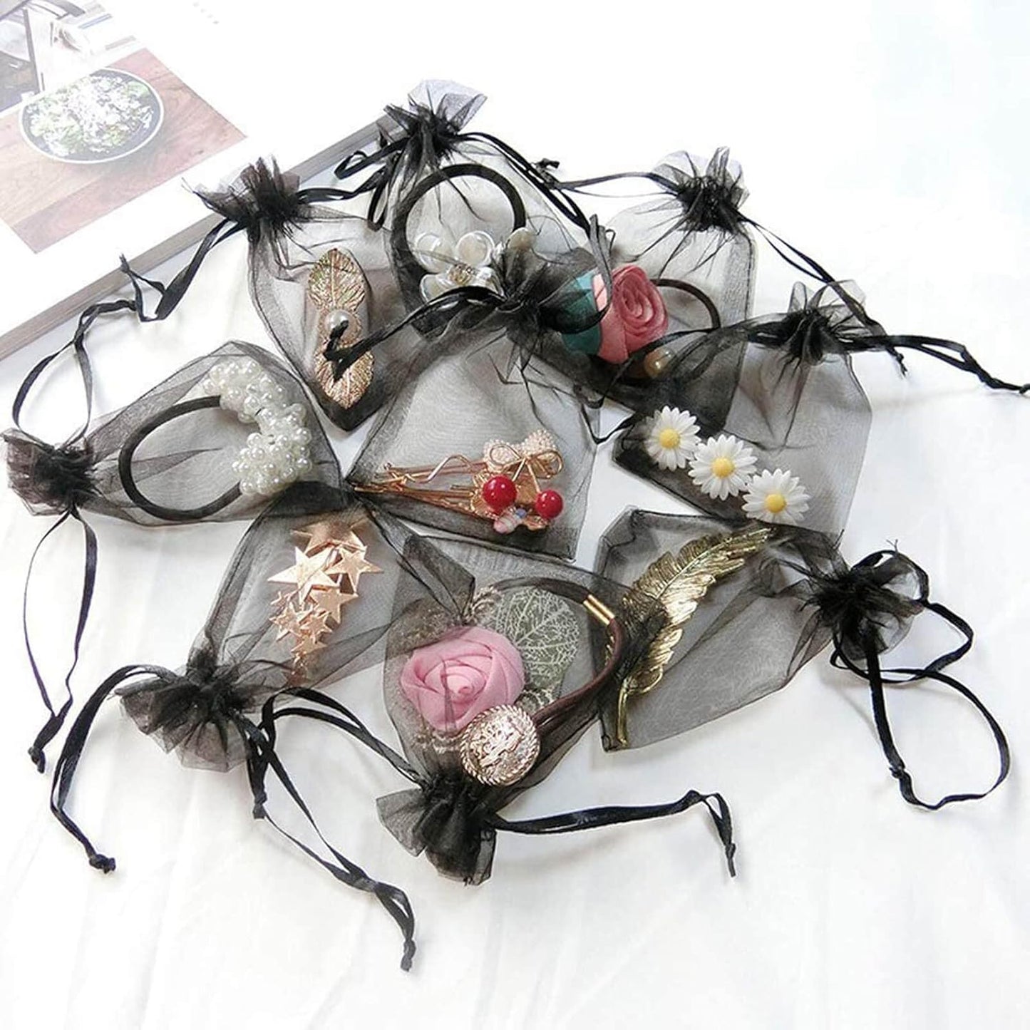 100Pcs Black Organza Bags 3x4 Inch, Small Mesh Jewelry Bags Drawstring Gift Bag Wedding Party Favor Halloween Candy Treat Pouches