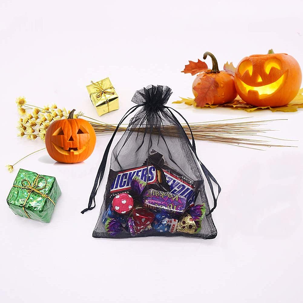 100Pcs Black Organza Bags 3x4 Inch, Small Mesh Jewelry Bags Drawstring Gift Bag Wedding Party Favor Halloween Candy Treat Pouches