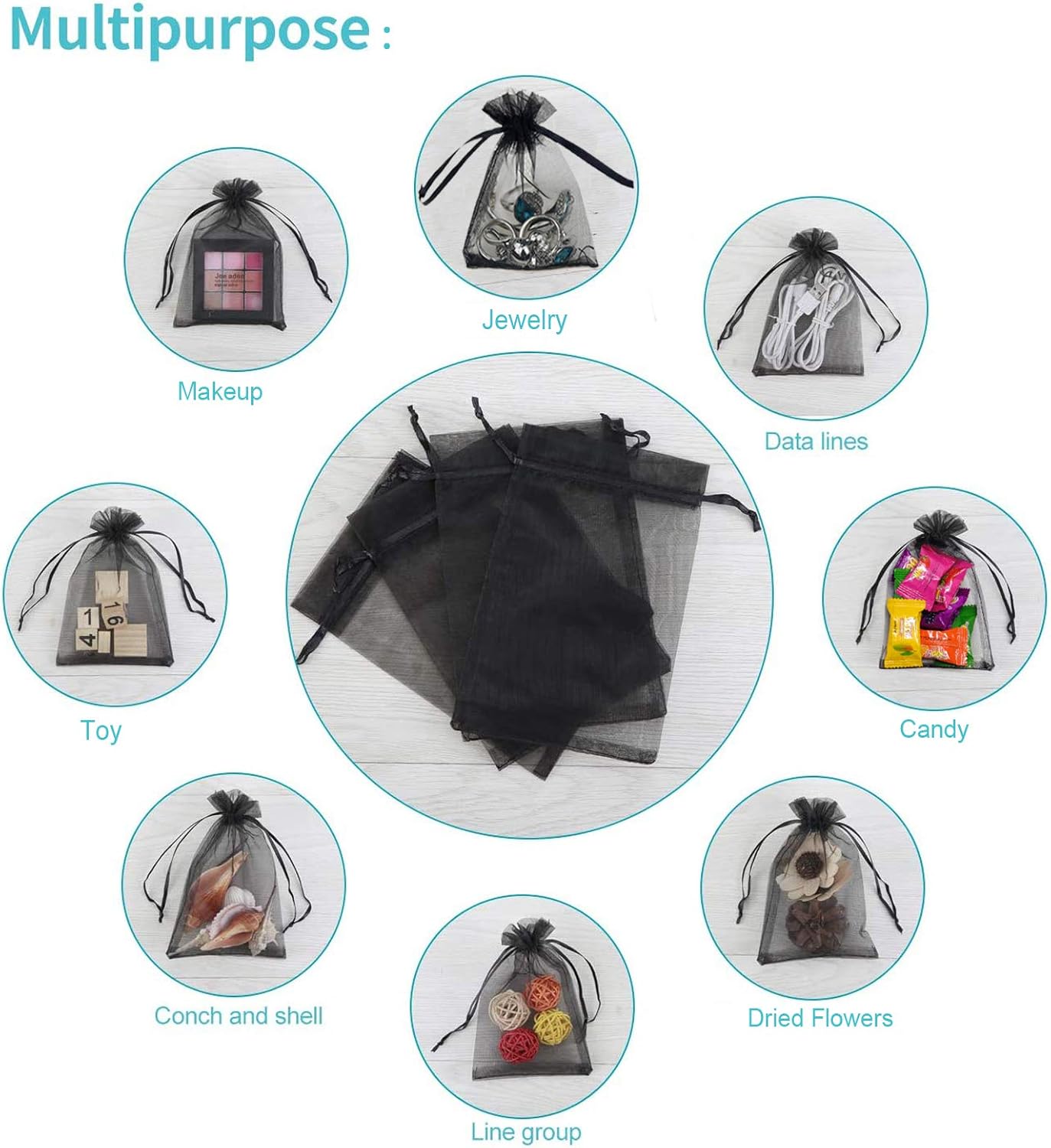 100Pcs Black Organza Bags 3x4 Inch, Small Mesh Jewelry Bags Drawstring Gift Bag Wedding Party Favor Halloween Candy Treat Pouches