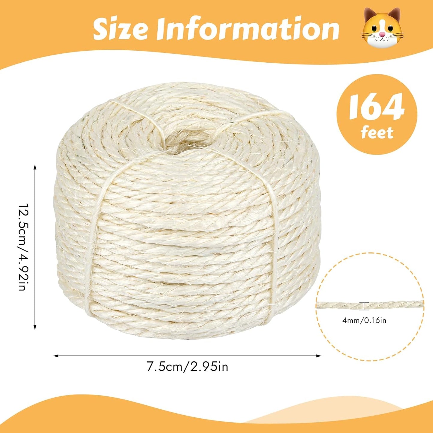 164 Feet Sisal Rope for Cat Scratching Post, 1/6 Inch Natural Cat Tree Rope, DIY Hemp Twine Rope for Repairing, Recovering Scratch Post Cats Tree Tower Replacement (White)