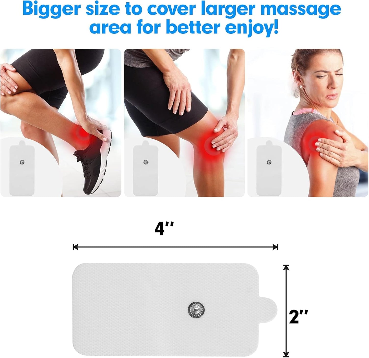 10-Pack Large TENS Electrode Pads - 3.5mm Snap Connectors - High Conductivity, Reusable Electrodes Pads for TENS Massager and Muscle Stimulation