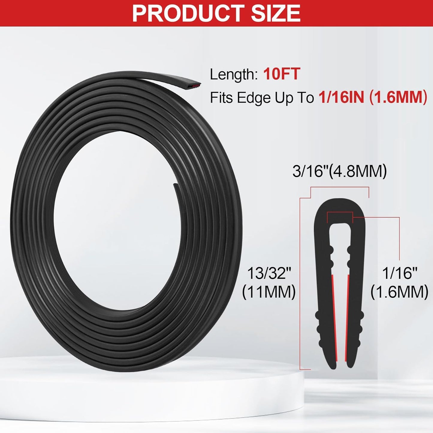 Rubber Edge Trim U Channel - 1/16" Self Adhesive Sheet Metal Edge Guard Protector, EPDM Seal Strip for Car Doors, Steel Plates, Glass, Hatches, Table Corners, Fit 1/16"(1.6mm), 10Ft, Black