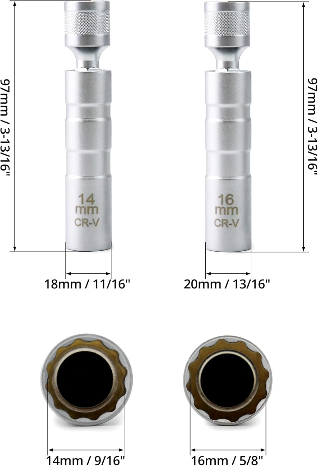 14mm&16mm Magnetic Swivel Spark Plug Socket, Thin Wall Magnetic Rotating 3/8" Drive 12 Point Standard Spark Plug Socket Removal Tool 360-degree Rotation for Maximum Flexibility