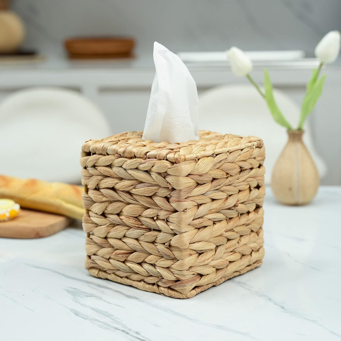 Tissue Box Holder - Square- Rattan Wicker Tissues Cube Box Cover -Boho Decorative Woven Facial Tissue Holder on Table and Barthroom (Square)