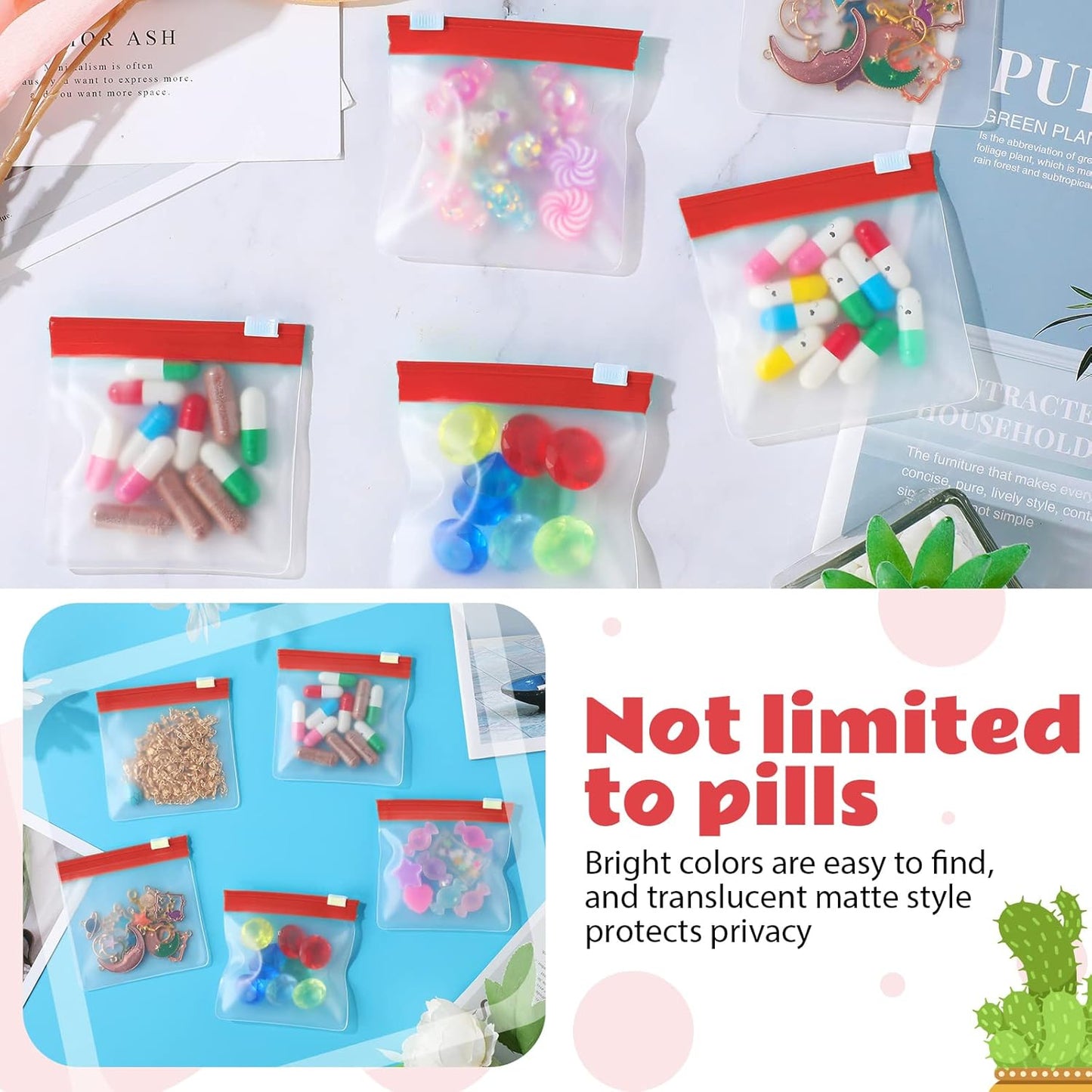 24 Pieces Pill Pouch Bags Zippered Set Reusable Translucent Medicine Organizer Sealing Travel Plastic Bags with Slide Lock for Storage(Red)