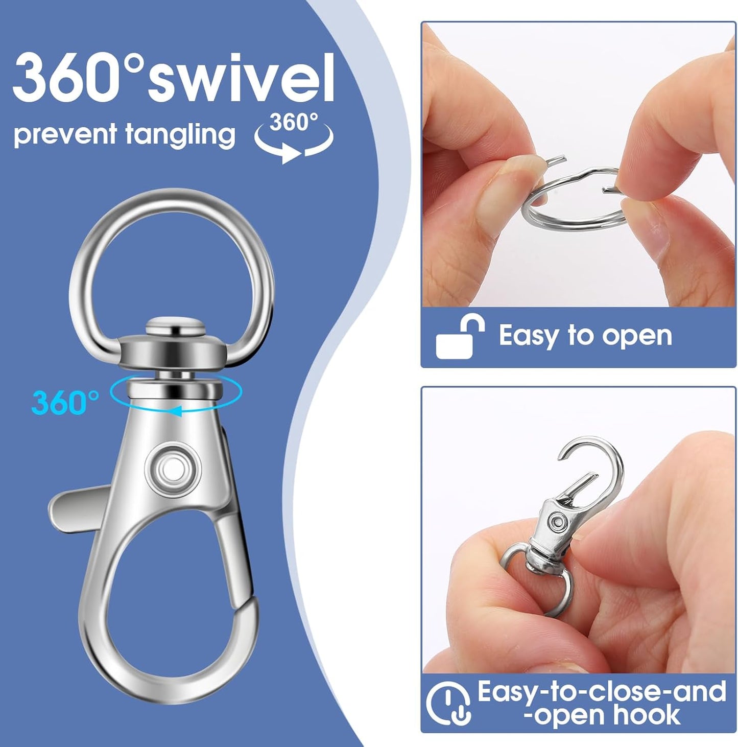 50 PCS in 25 Sets, Metal Swivel Lobster Claw Clasps, Keychain Clip with Large Key Ring, Premium Keychains Clips, Snap Hooks and Sturdy Key Rings, for Key Chain Making Kit， (Silver)