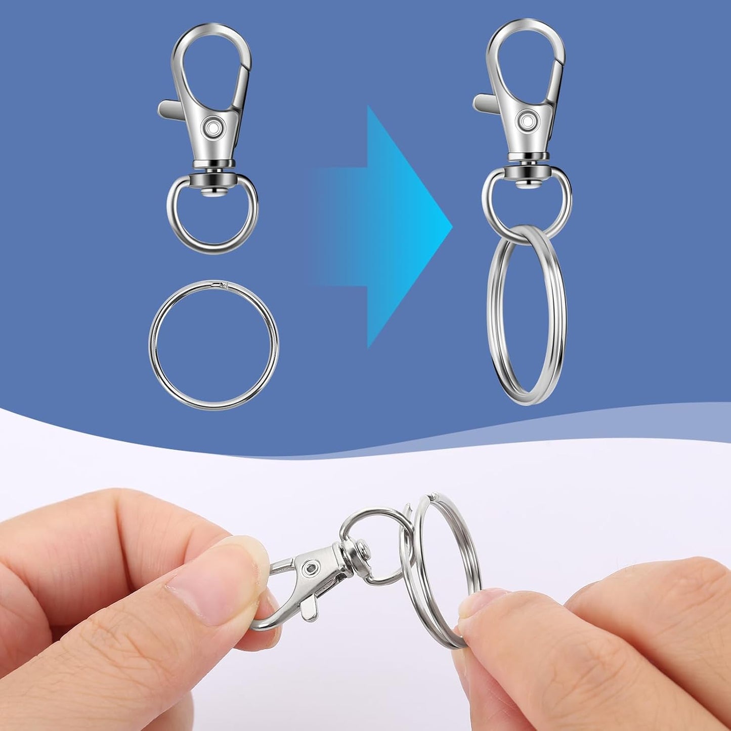 50 PCS in 25 Sets, Metal Swivel Lobster Claw Clasps, Keychain Clip with Large Key Ring, Premium Keychains Clips, Snap Hooks and Sturdy Key Rings, for Key Chain Making Kit， (Silver)
