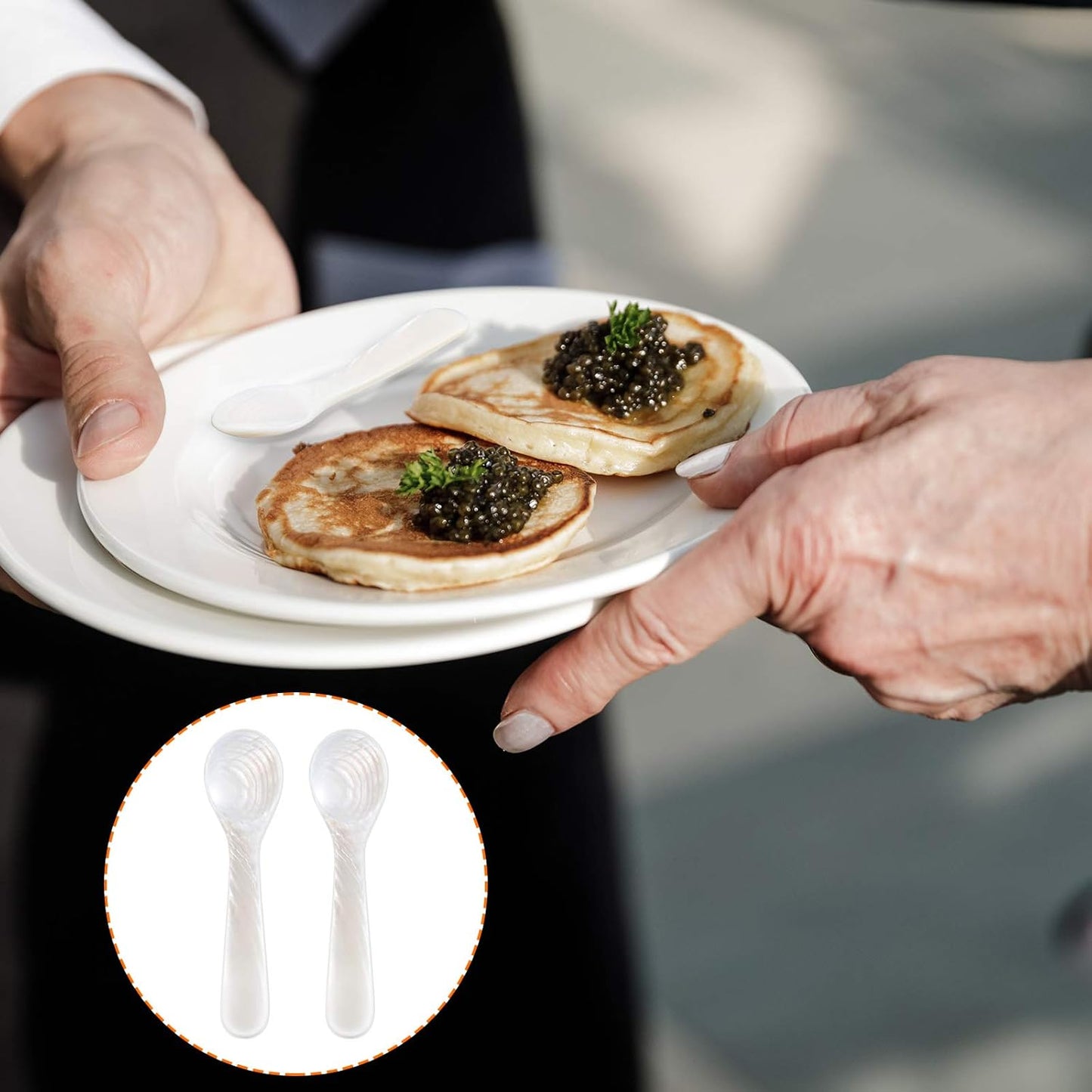 2 Pieces Set of Caviar Spoons Mother of Pearl Spoons with Handcraft Round Handle for Caviar, Egg, Ice Cream, Coffee, Kitchen, Restaurant for Serving Caviars (9cm/3.54 Inch)