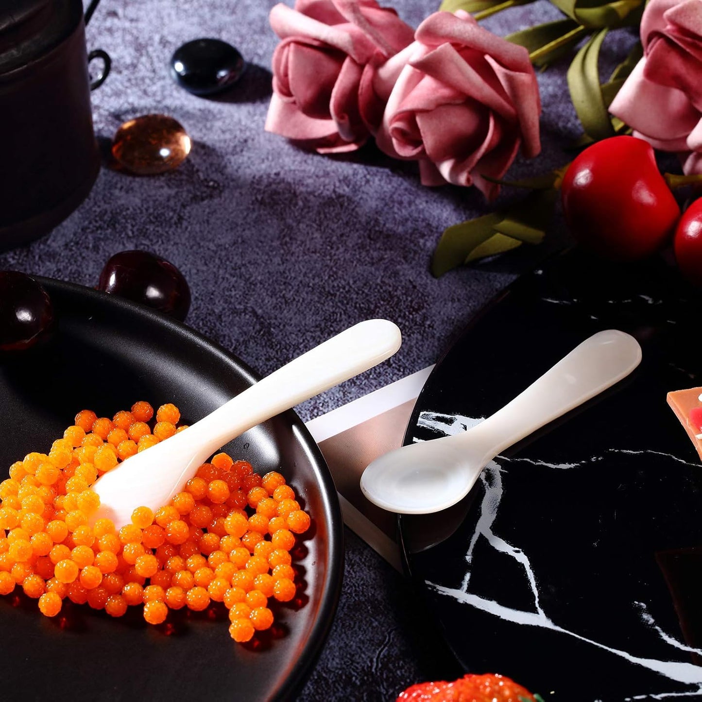 2 Pieces Set of Caviar Spoons Mother of Pearl Spoons with Handcraft Round Handle for Caviar, Egg, Ice Cream, Coffee, Kitchen, Restaurant for Serving Caviars (9cm/3.54 Inch)