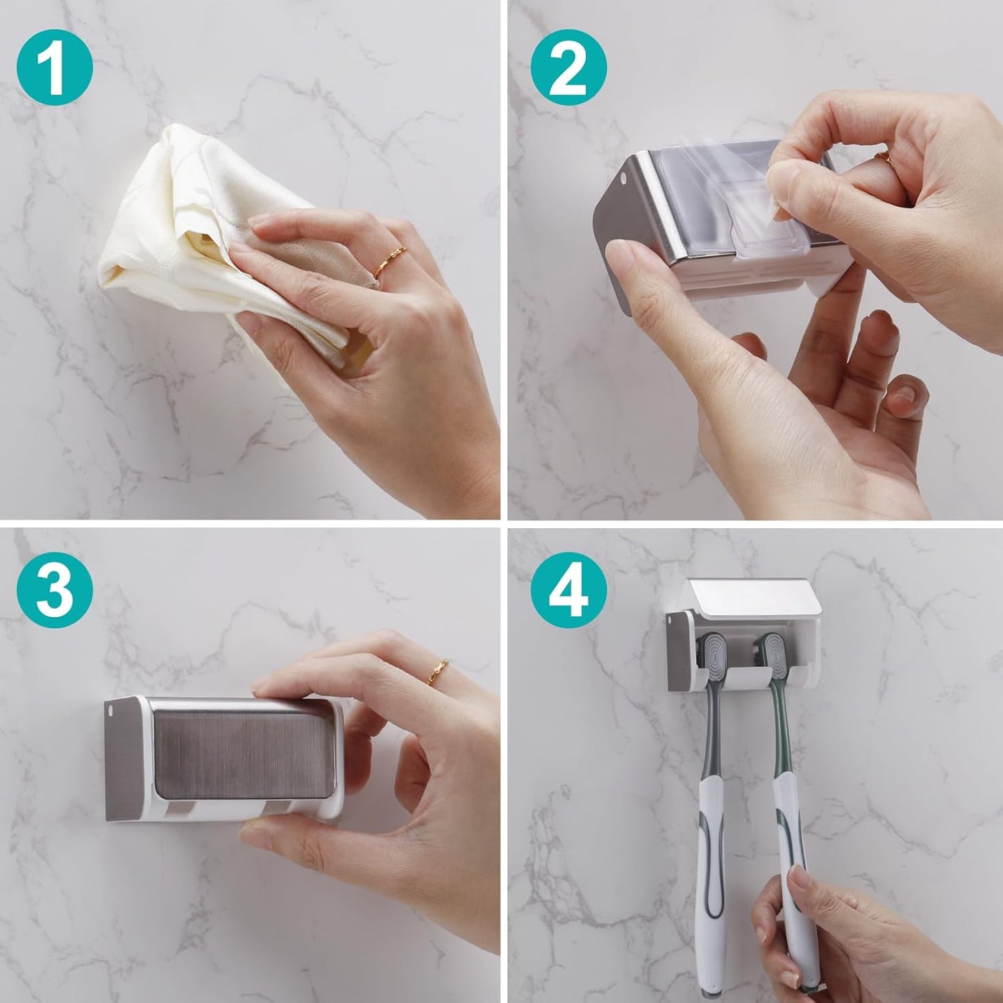 2 PCS Toothbrush Holders Wall Mounted with Cover, Electric Tooth Brushing Holder for Bathroom, 2 Slots Self Adhesive Toothbrush Organizer for Family, Kids (2, Brushed Silver)