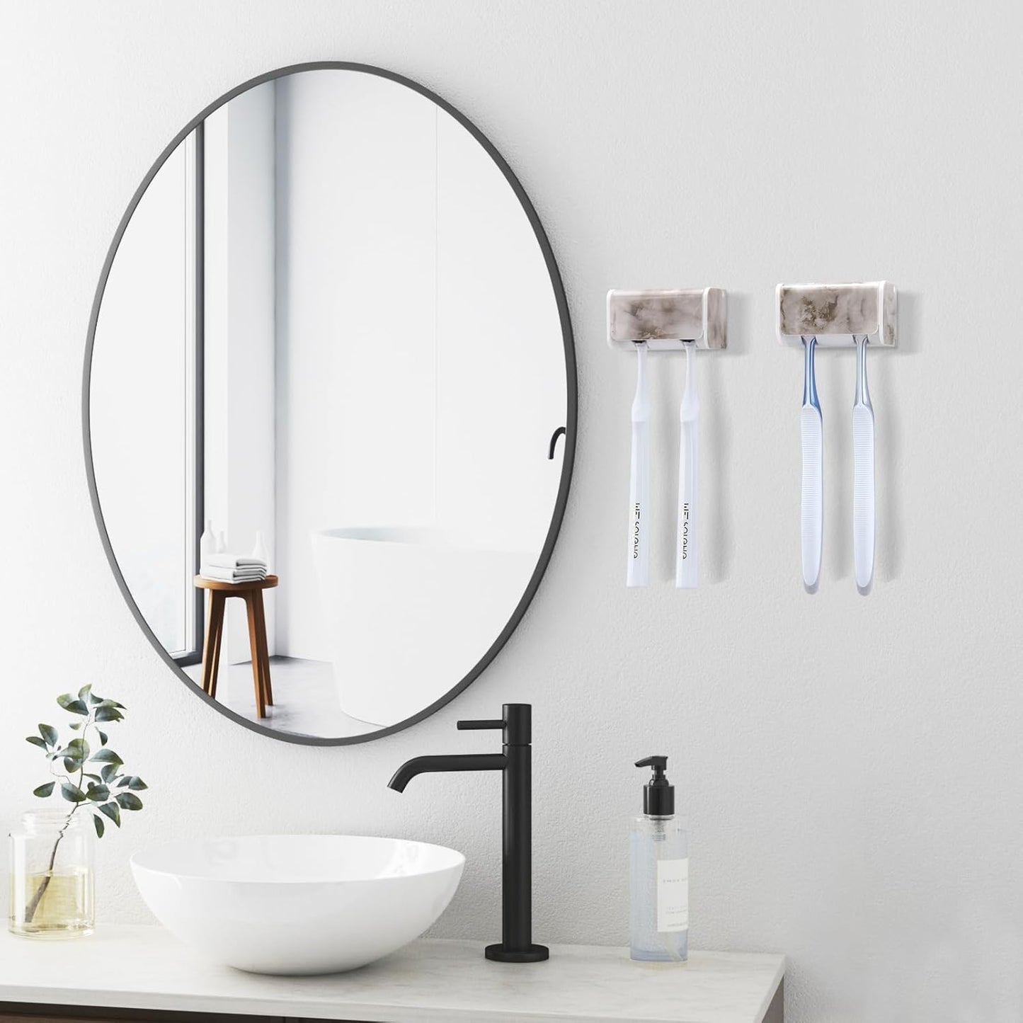 2 PCS Toothbrush Holders Wall Mounted with Cover, Electric Tooth Brushing Holder for Bathroom, 2 Slots Self Adhesive Toothbrush Organizer, Toothbrush Stand for Family, Kids (2, White Marble)