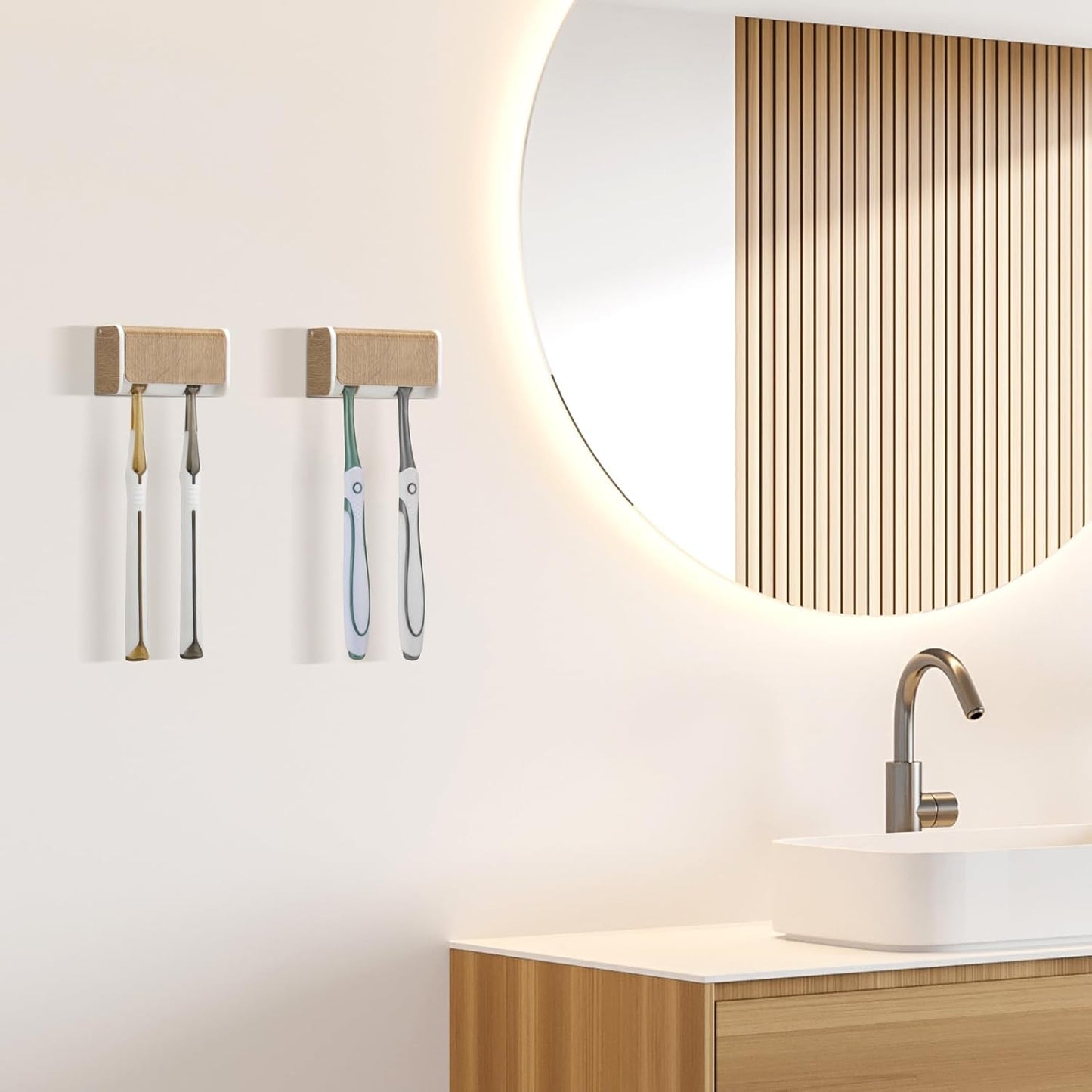 2 PCS Toothbrush Holders Wall Mounted with Cover, Electric Tooth Brushing Holder for Bathroom, 2 Slots Self Adhesive Toothbrush Organizer, Toothbrush Stand for Family, Kids (2, Wood Grain)