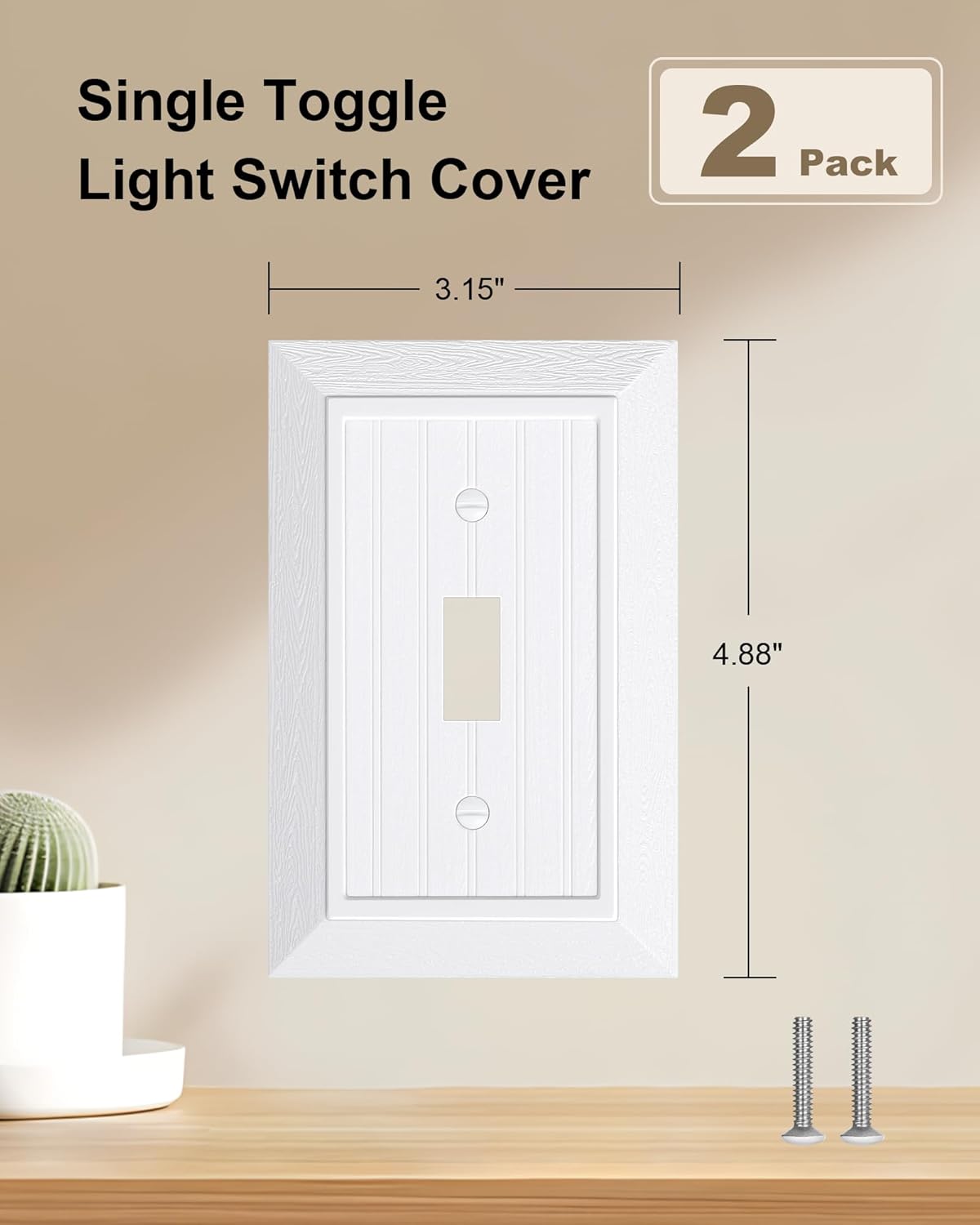 2-Pack Classic Beadboard Single Toggle Light Switch Cover Plate, Unbreakable Polycarbonate Decorative Switch Plate Covers, Pure White 1 Gang Wall Plate