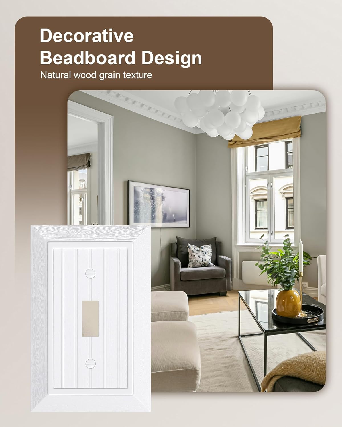 2-Pack Classic Beadboard Single Toggle Light Switch Cover Plate, Unbreakable Polycarbonate Decorative Switch Plate Covers, Pure White 1 Gang Wall Plate