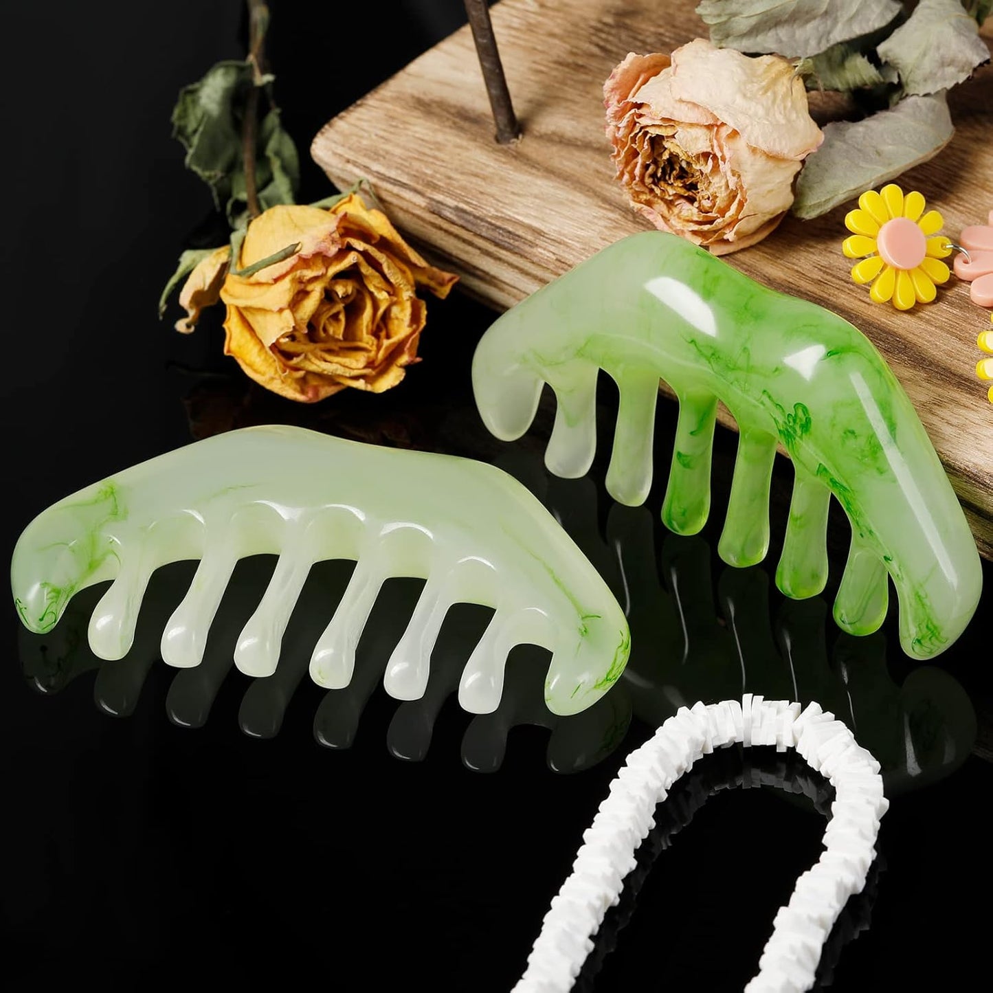 2 Pcs Jade Combs Esthetician Supplies Massage Stone Hair Gua Sha Scraping Scalp Comb Facial Massage Tool Handheld Head Tools Head Caring Therapy Valentines for Women(Elegant Style)
