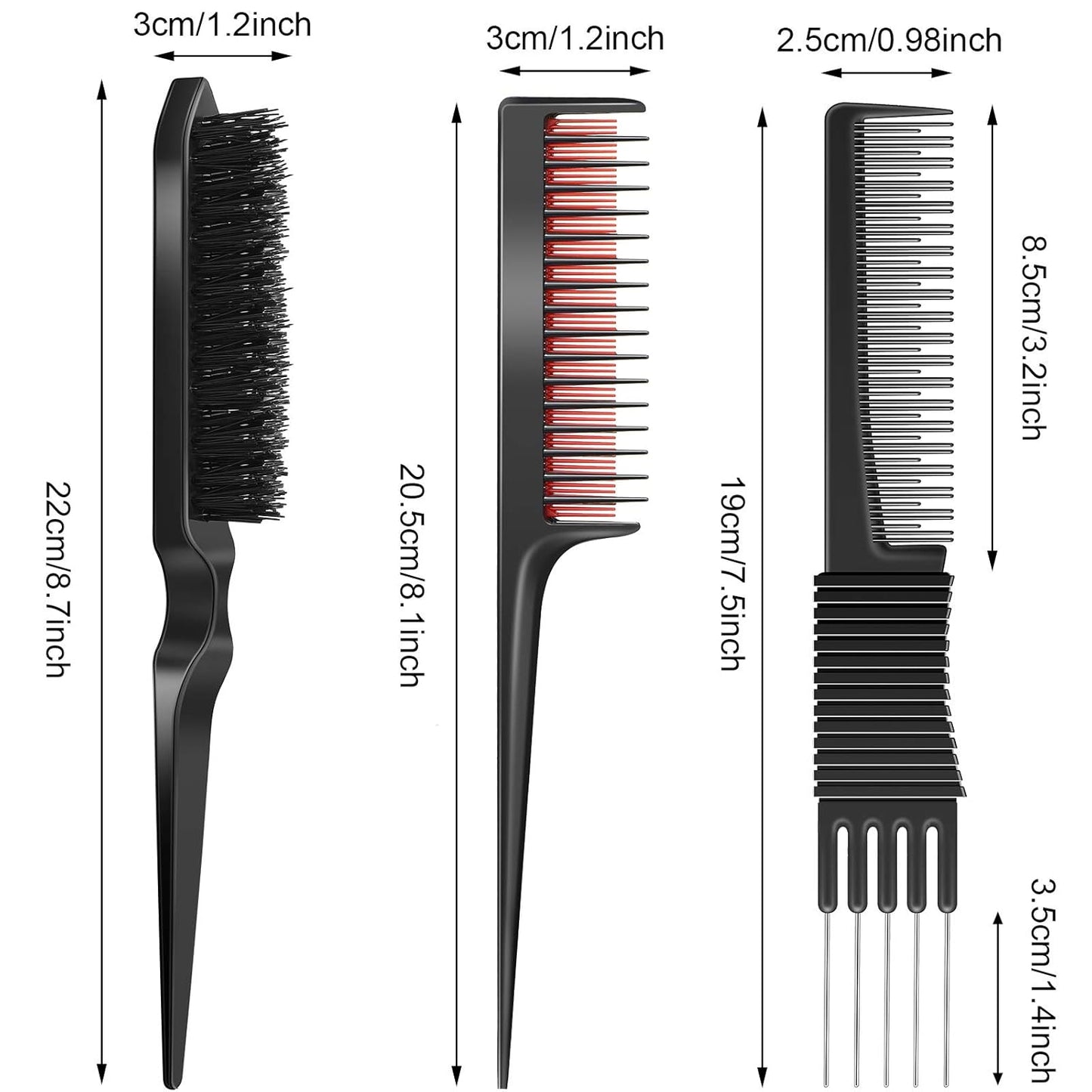 3 Pieces Pick Teasing Combs Hair Brush Set Includes Black Carbon Lift with Metal Prong, Triple Pin Rat Tail Comb, Nylon Bristle Hair Brush for Women(Black and Red)