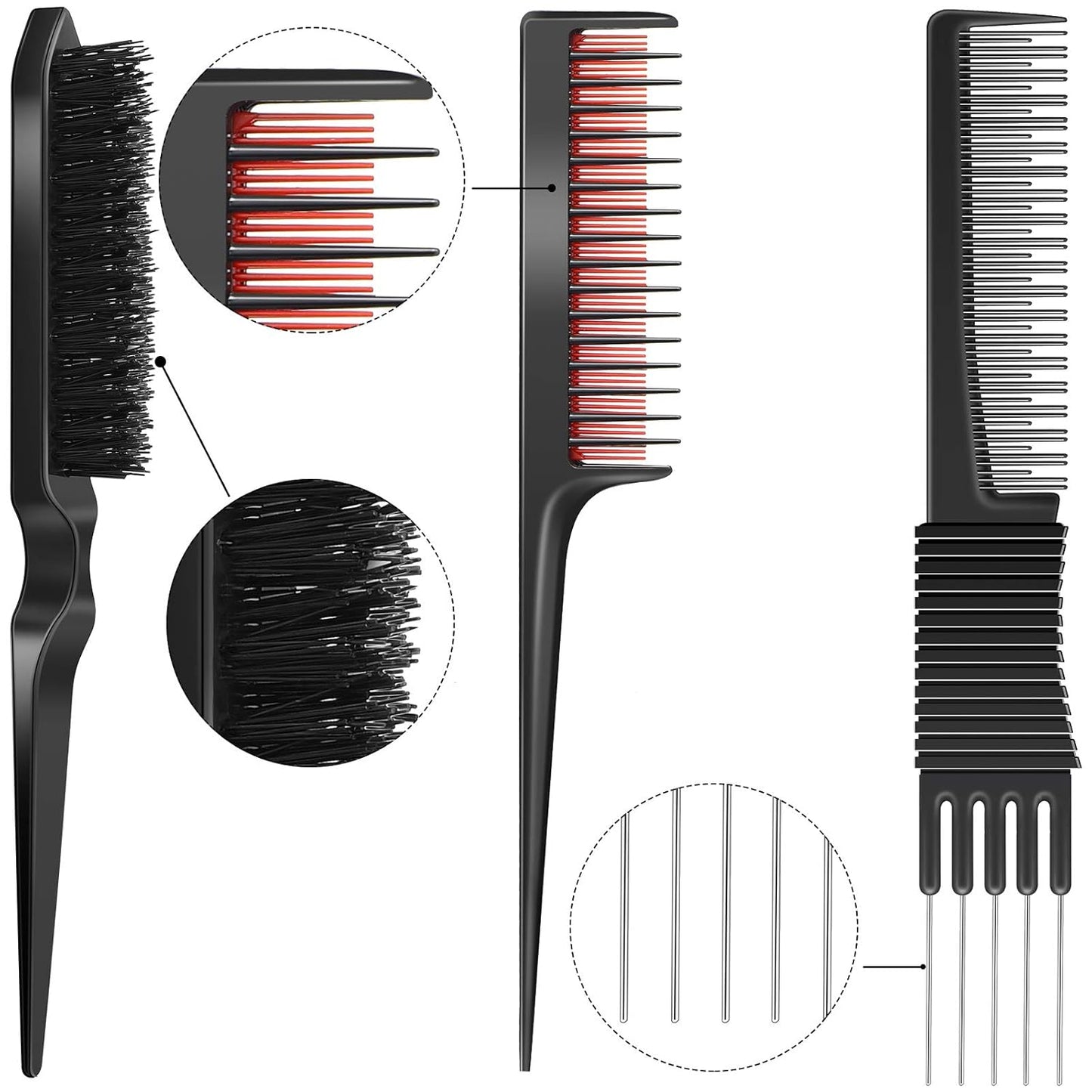 3 Pieces Pick Teasing Combs Hair Brush Set Includes Black Carbon Lift with Metal Prong, Triple Pin Rat Tail Comb, Nylon Bristle Hair Brush for Women(Black and Red)