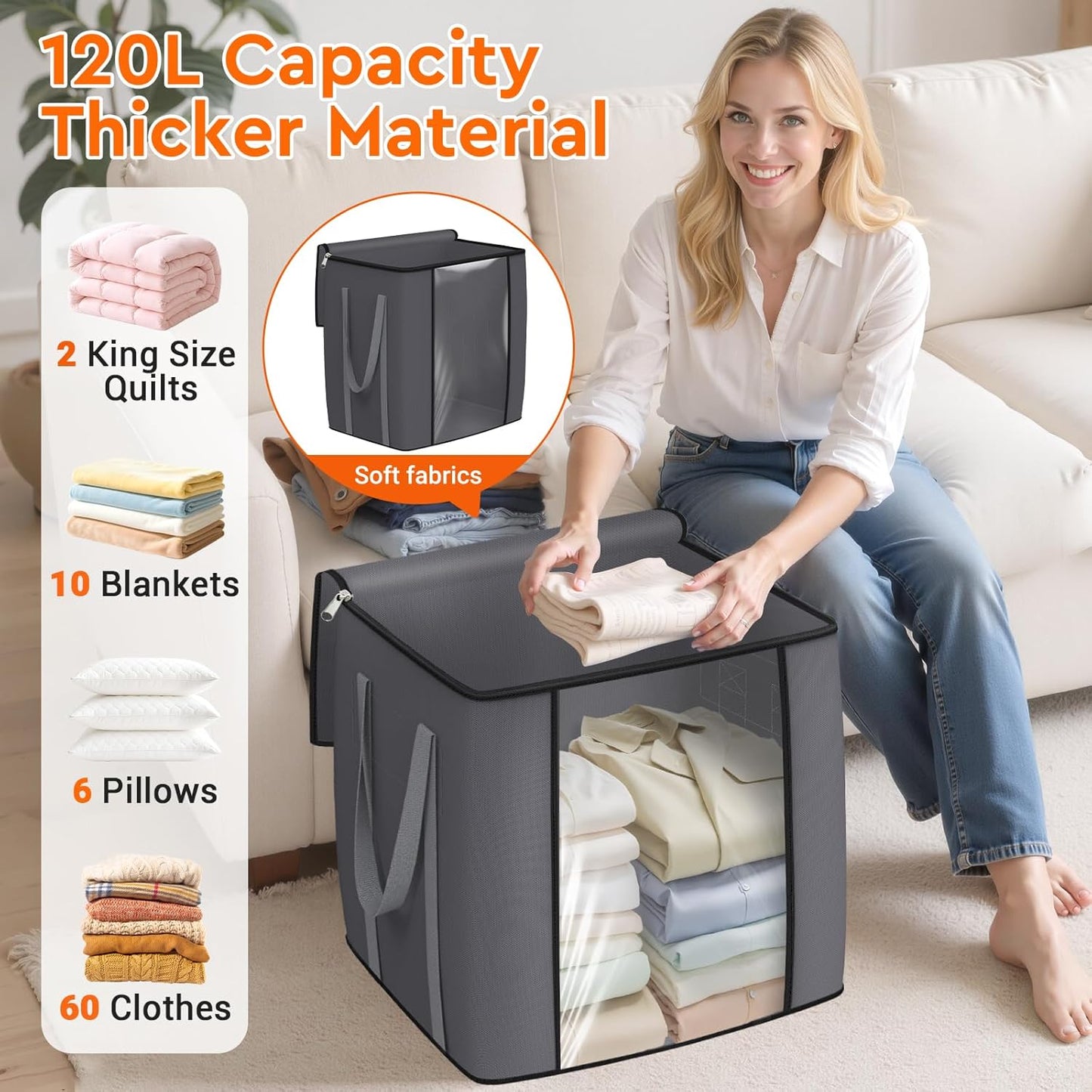120L Extra Large Clothes Storage Bags, Foldable Blanket Storage and Organization, Thick Fabric Containers with Reinforced Handles & Zippers for Clothing, Comforters, Bedding, Gray, 1 Pack