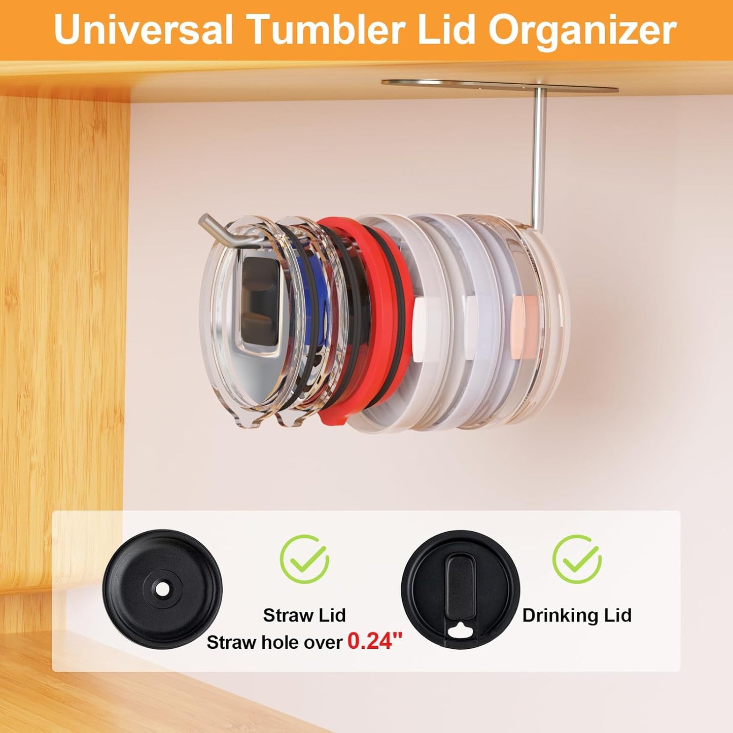 2 Pack Tumbler Lid Organizer, Space Saving Cup Lid Organizer for Yeti/Stanley/Simple Modern Tumbler Lids, Self-Adhesive or Drilling Tumbler Lid Hook for Kitchen Organizers and Storage