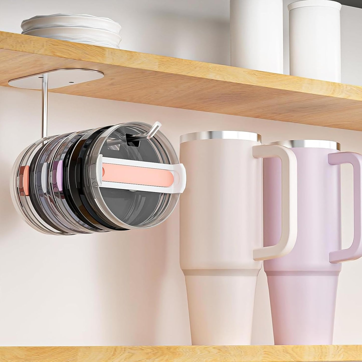2 Pack Tumbler Lid Organizer, Space Saving Cup Lid Organizer for Yeti/Stanley/Simple Modern Tumbler Lids, Self-Adhesive or Drilling Tumbler Lid Hook for Kitchen Organizers and Storage