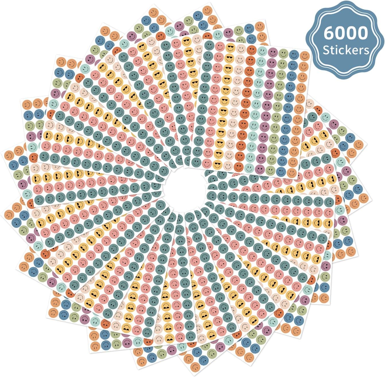 6000 Pieces Boho Happy Smile Face Stickers for School Reward Behavior Chart,3/8 Inch in Diameter Round Bohemian Style Reward Labels 10 Styles Happy Face Stickers for Teachers (50 Sheets)