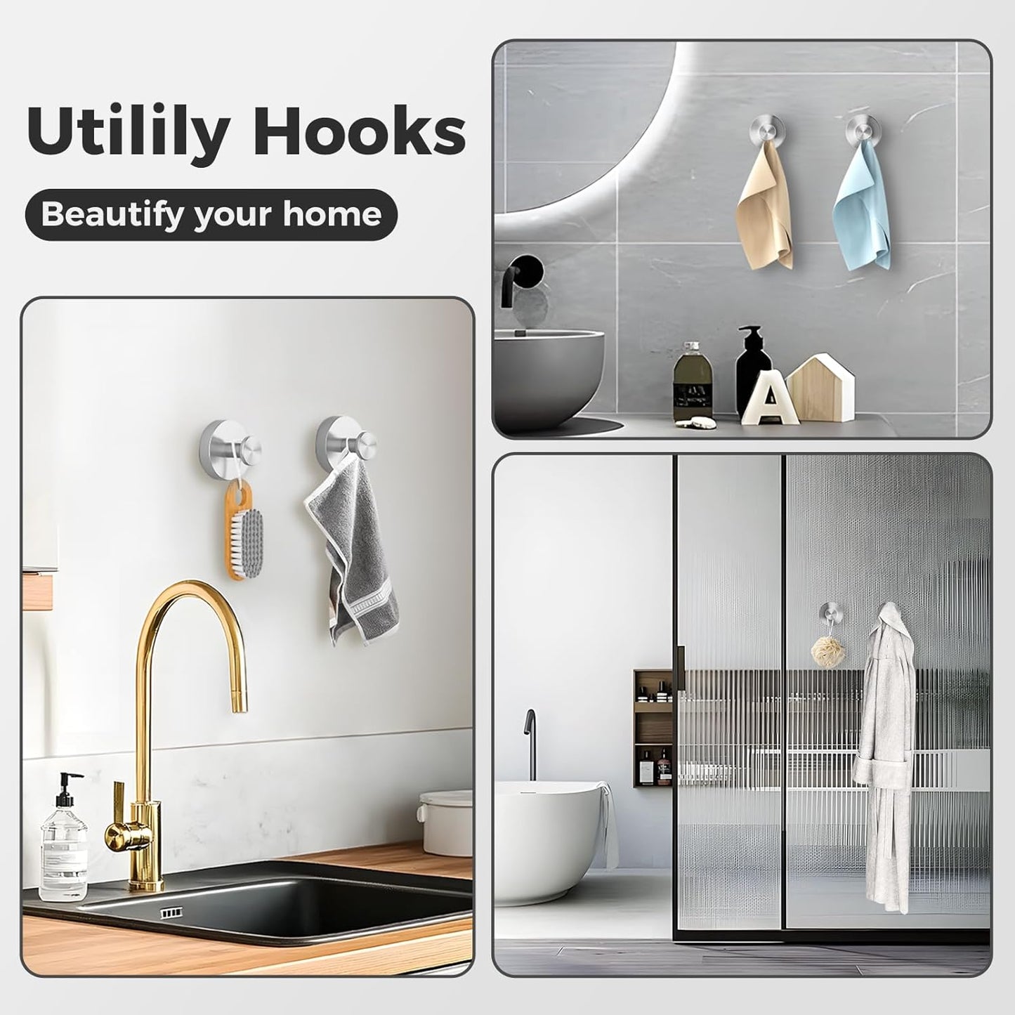 Shower Hooks for Inside Shower,Suction Cup Hooks for Glass Window,Removable Towel Hooks for Bathrooms,2 Packs(Silver)